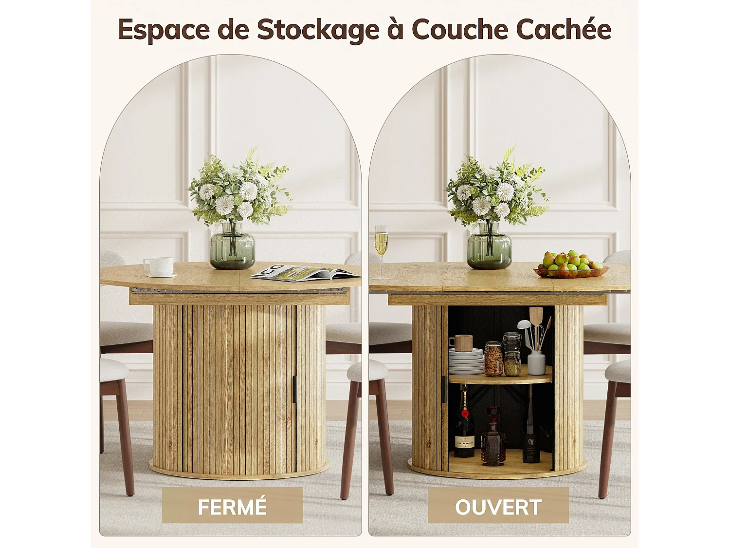 Table extensible pliable 6 places – Naturel clair | Espace de rangement, glissière fluide, plateau résistant à 100°C, piétement artistique