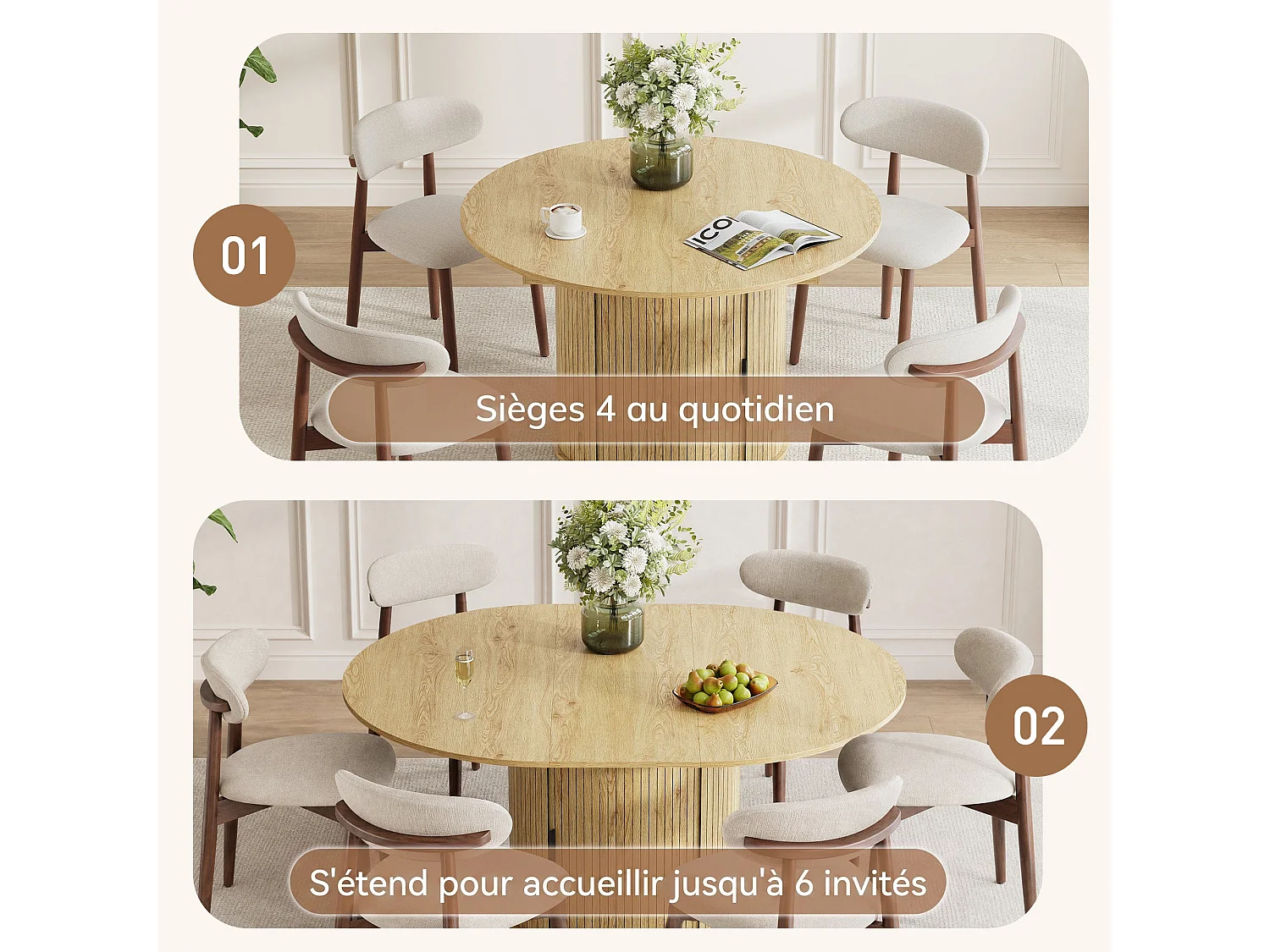 Table extensible pliable 6 places – Naturel clair | Espace de rangement, glissière fluide, plateau résistant à 100°C, piétement artistique