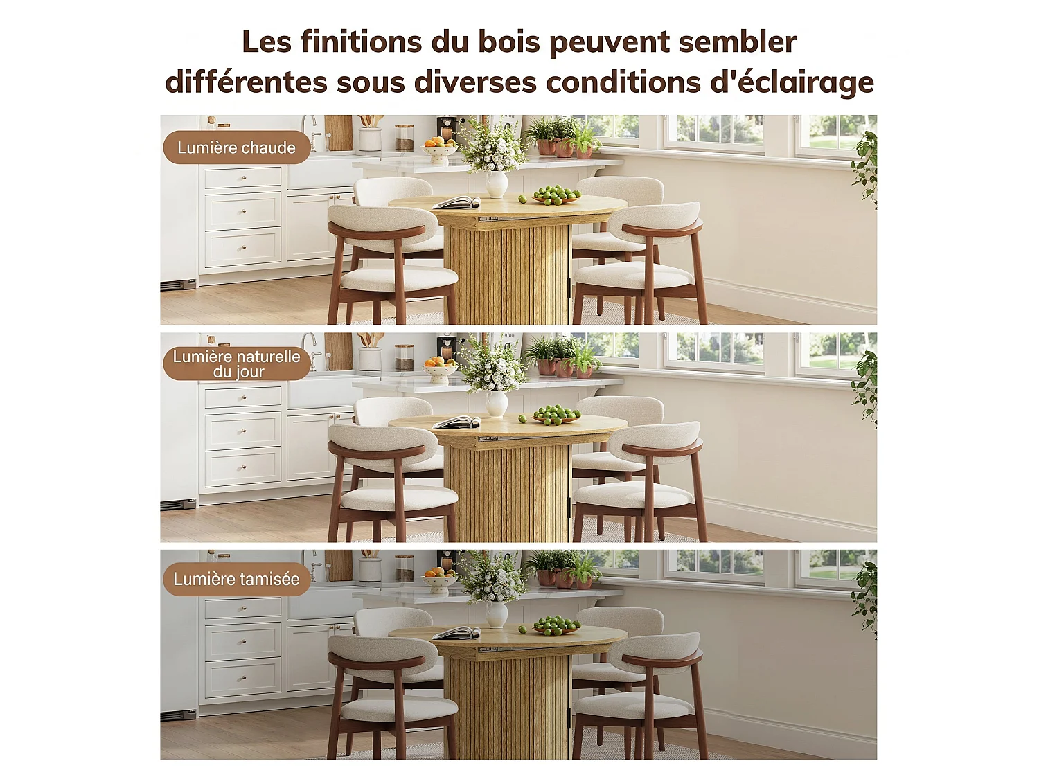 Table extensible pliable 6 places – Naturel clair | Espace de rangement, glissière fluide, plateau résistant à 100°C, piétement artistique