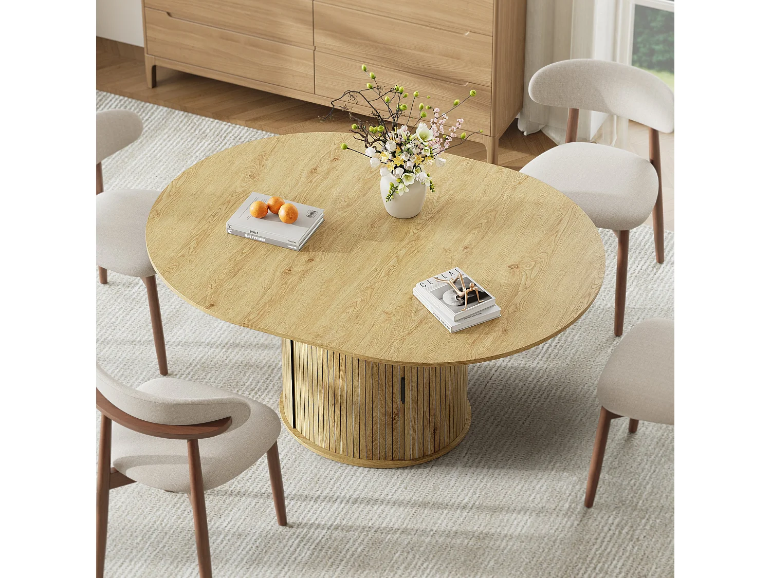 Table extensible pliable 6 places – Naturel clair | Espace de rangement, glissière fluide, plateau résistant à 100°C, piétement artistique
