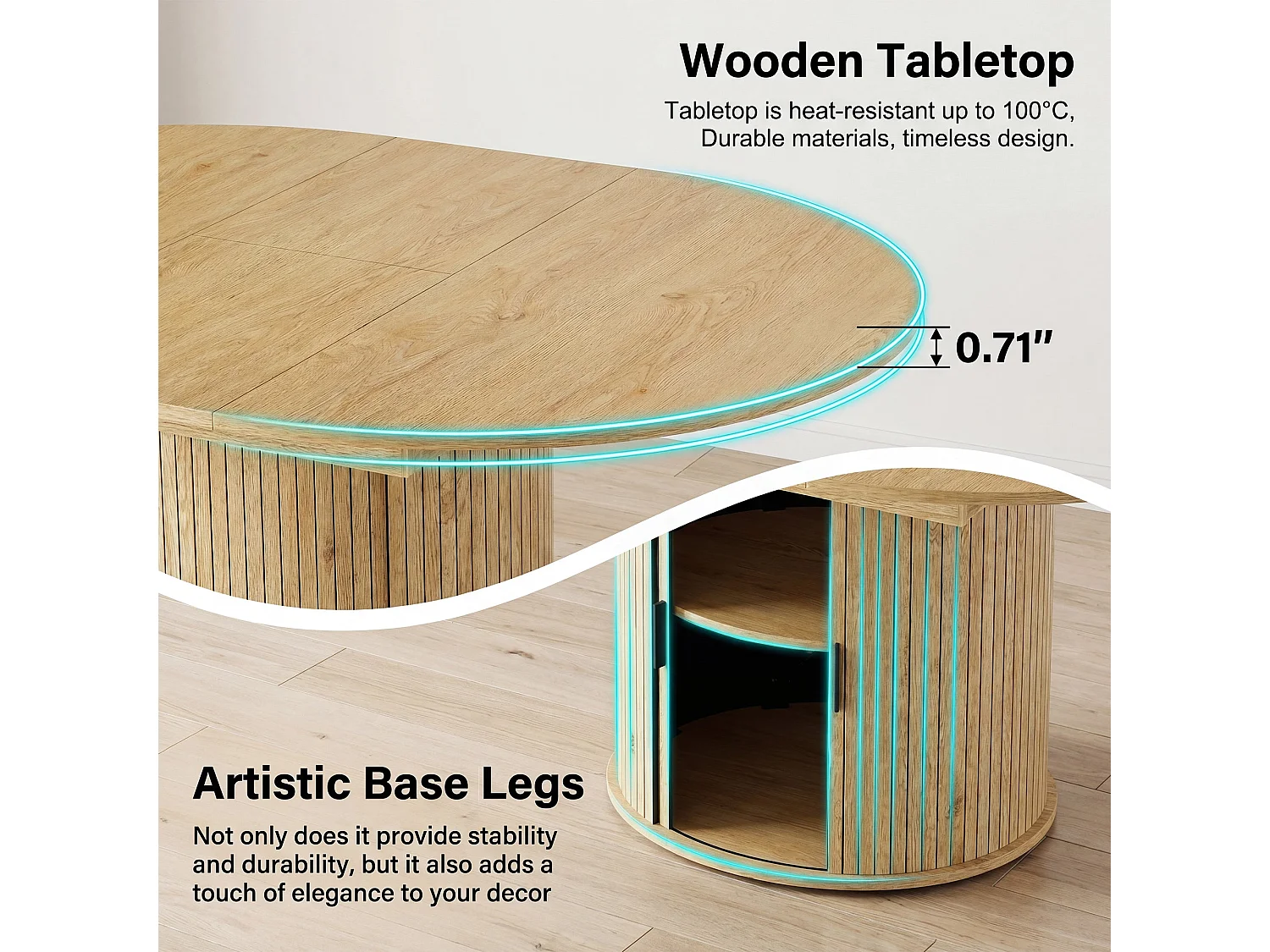 Table extensible pliable 6 places – Naturel clair | Espace de rangement, glissière fluide, plateau résistant à 100°C, piétement artistique