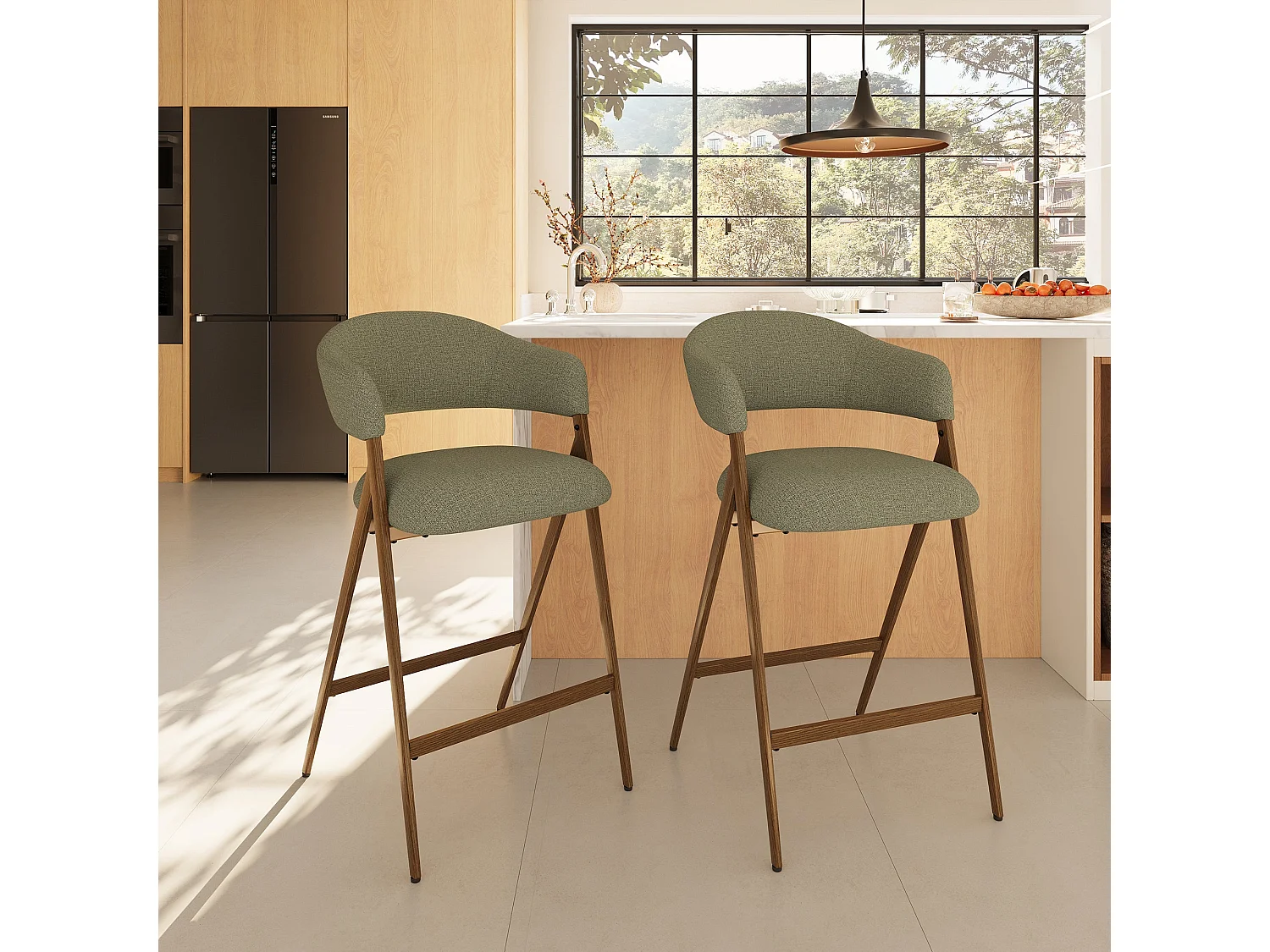Lot de 2 tabourets de bar en tissu, respirants et robustes, pieds métalliques aspect bois, vert