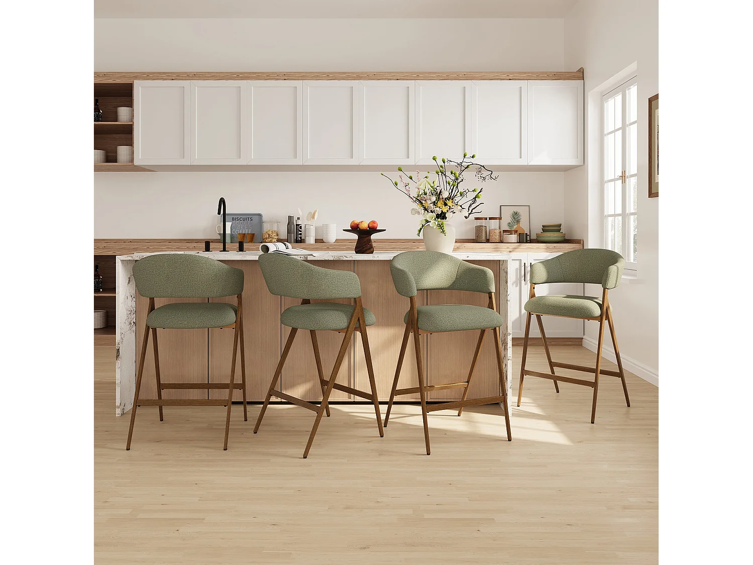 Lot de 2 tabourets de bar en tissu, respirants et robustes, pieds métalliques aspect bois, vert