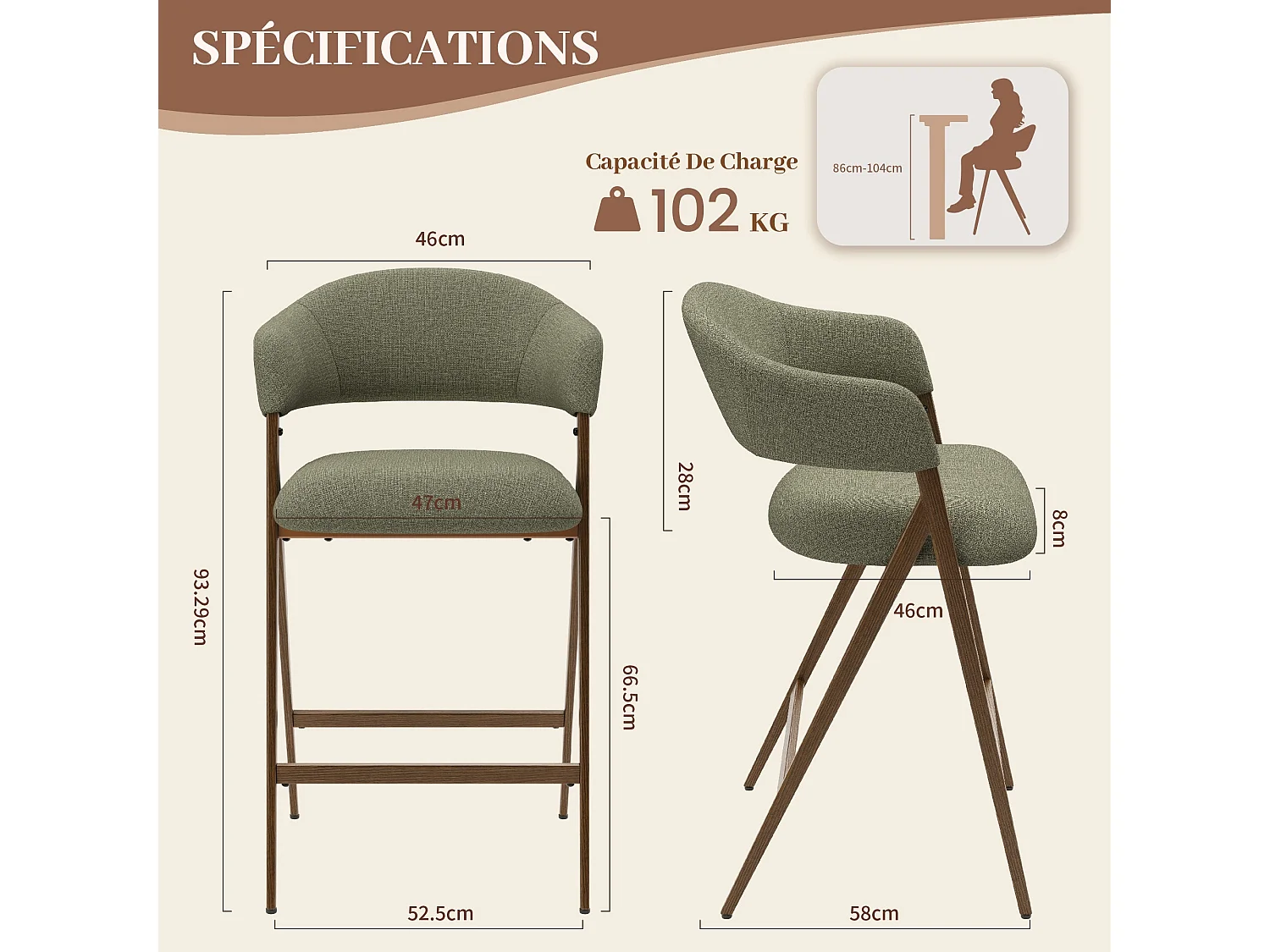 Lot de 2 tabourets de bar en tissu, respirants et robustes, pieds métalliques aspect bois, vert