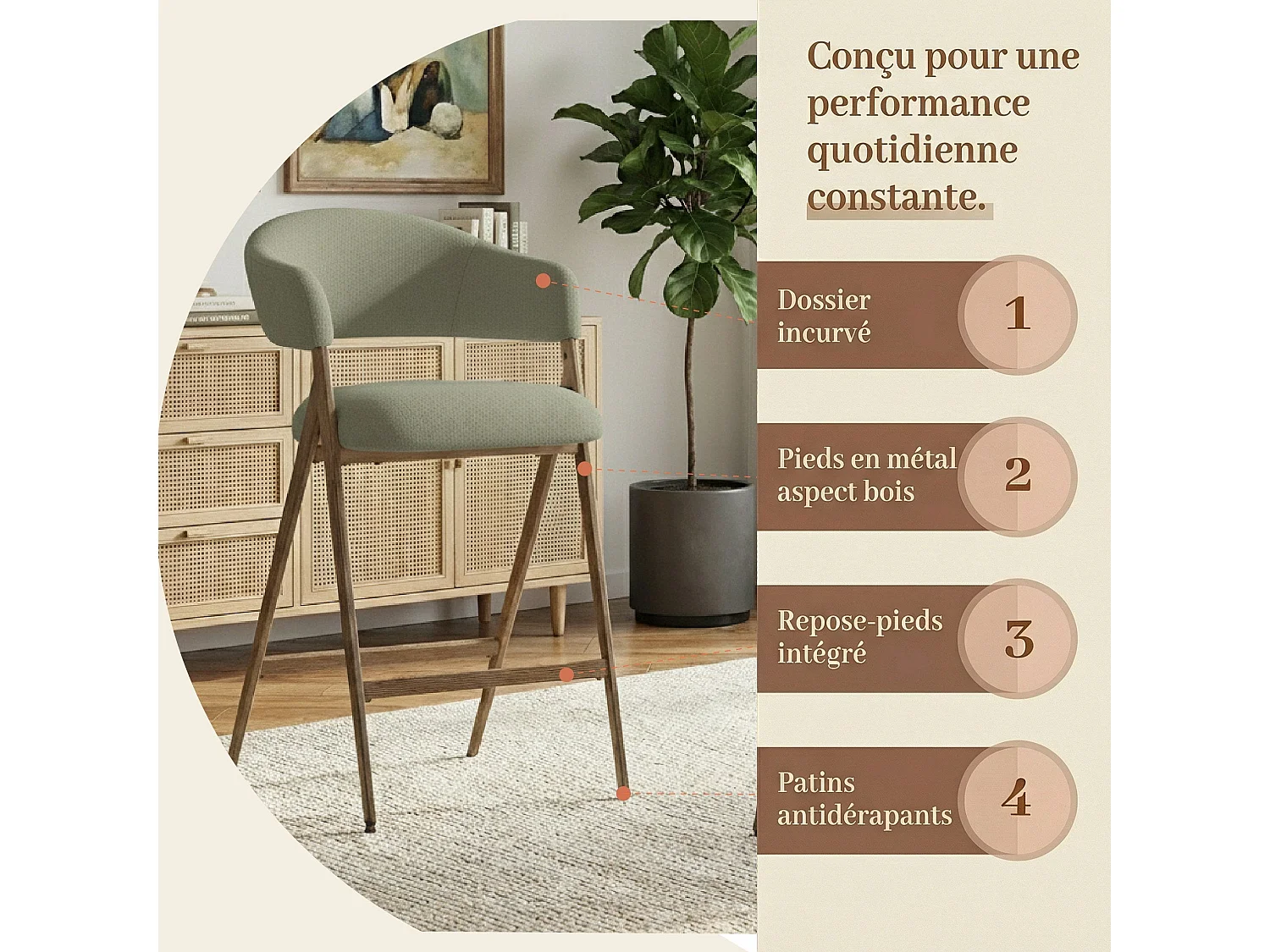 Lot de 2 tabourets de bar en tissu, respirants et robustes, pieds métalliques aspect bois, vert