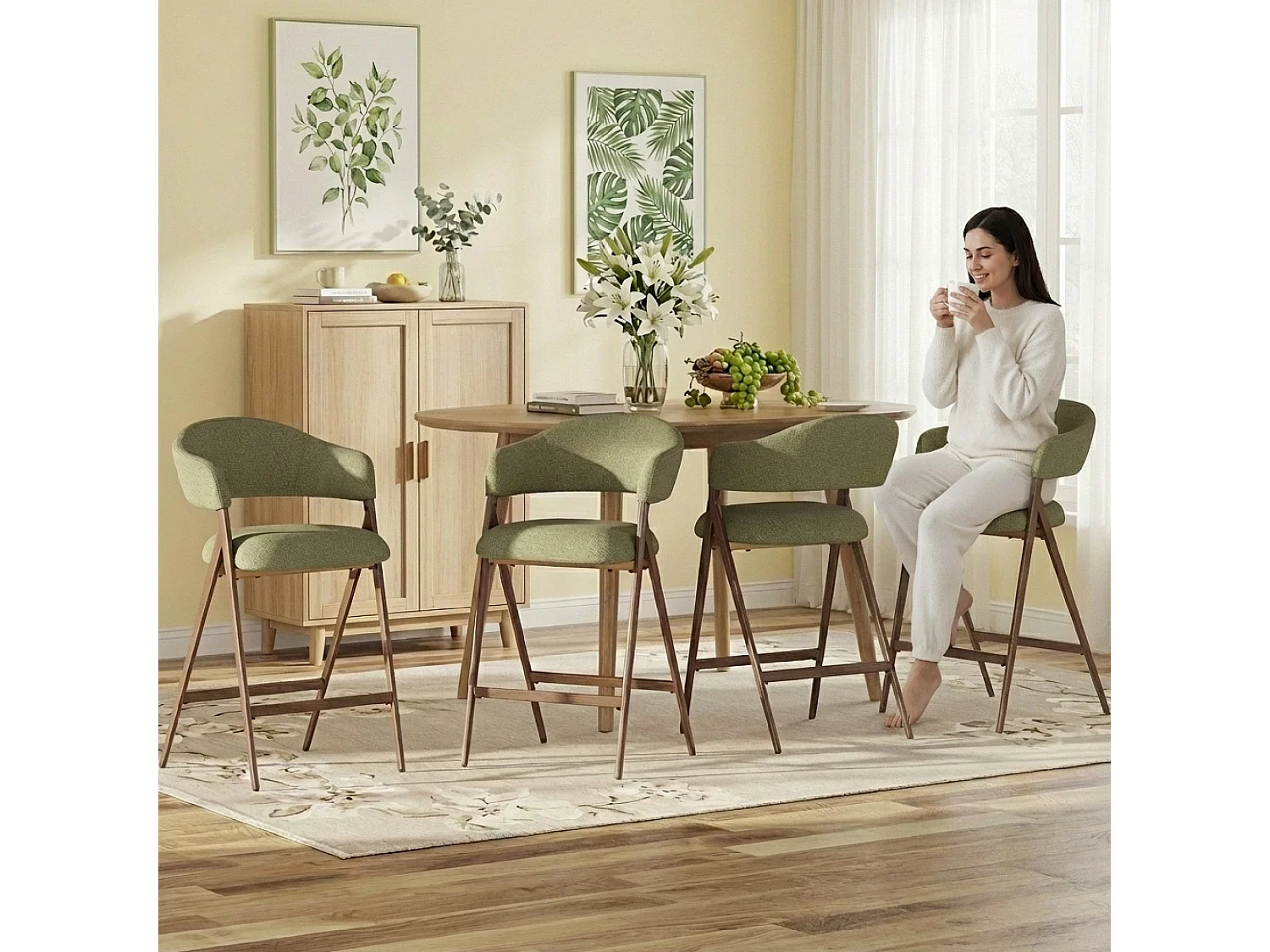 Lot de 2 tabourets de bar en tissu, respirants et robustes, pieds métalliques aspect bois, vert