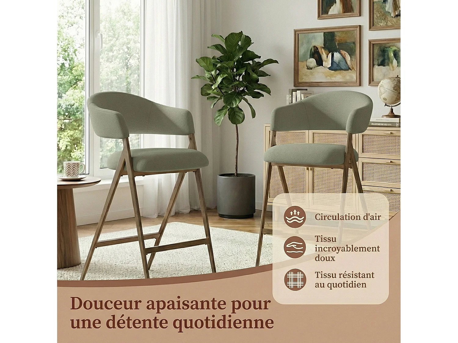 Lot de 2 tabourets de bar en tissu, respirants et robustes, pieds métalliques aspect bois, vert