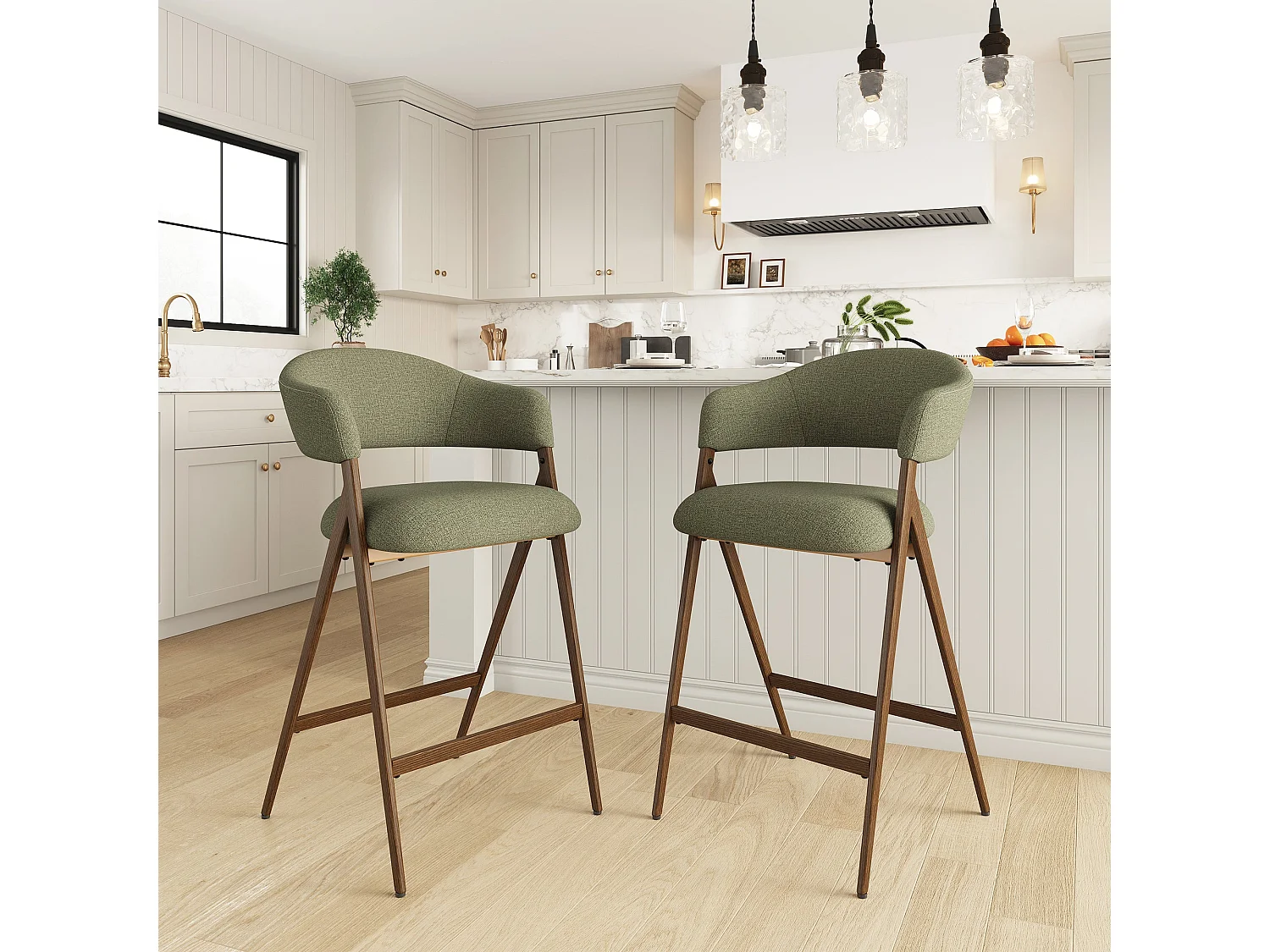Lot de 2 tabourets de bar en tissu, respirants et robustes, pieds métalliques aspect bois, vert