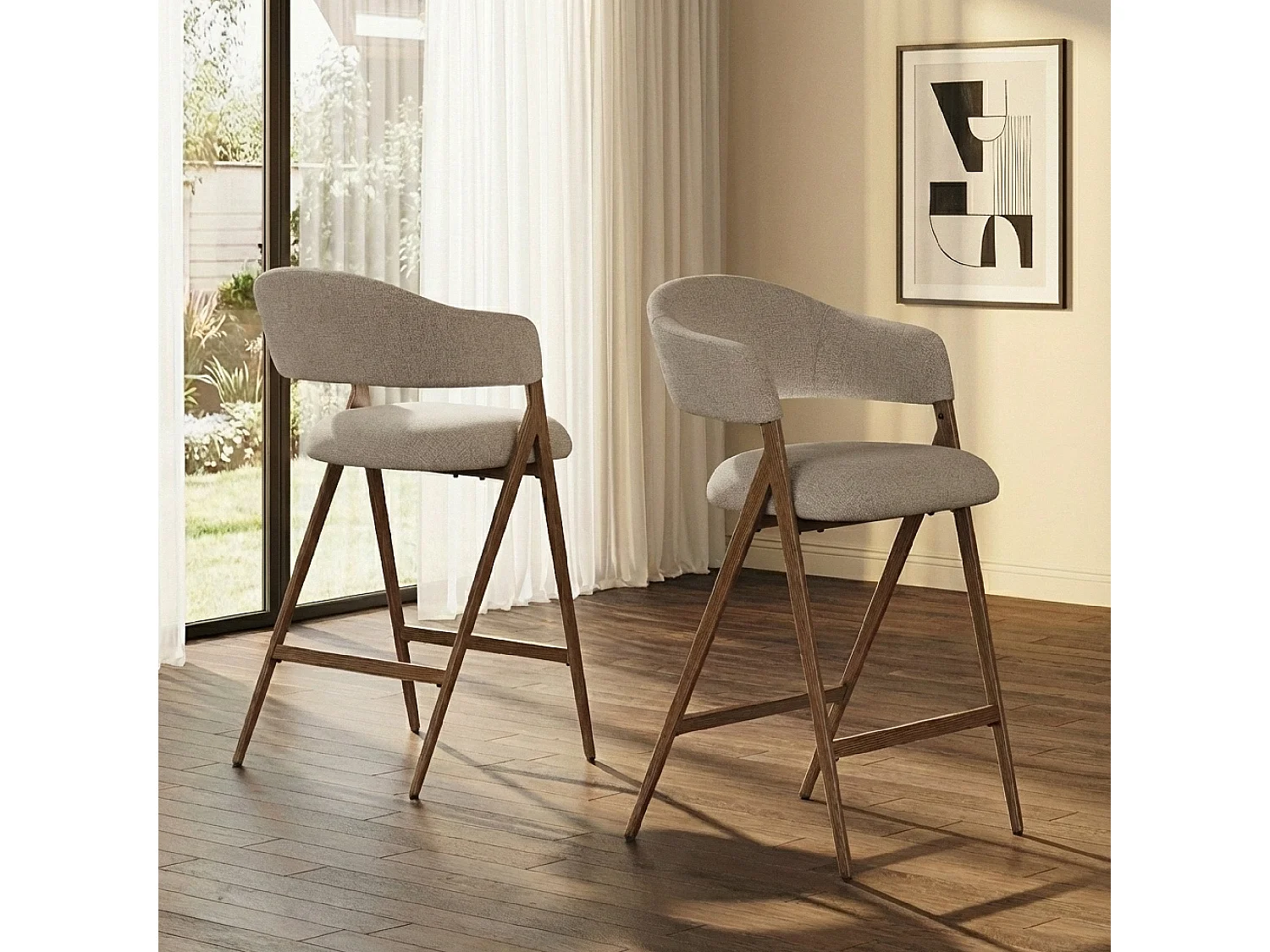 Lot de 2 tabourets de bar en tissu, respirants et robustes, pieds métalliques aspect bois, marron