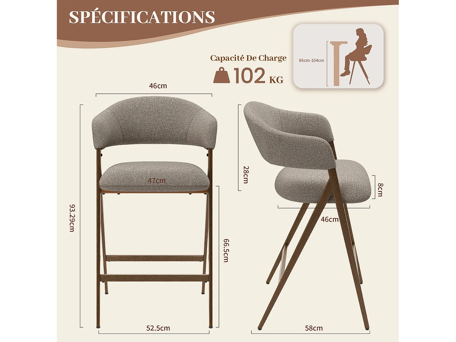 Lot de 2 tabourets de bar en tissu, respirants et robustes, pieds métalliques aspect bois, marron