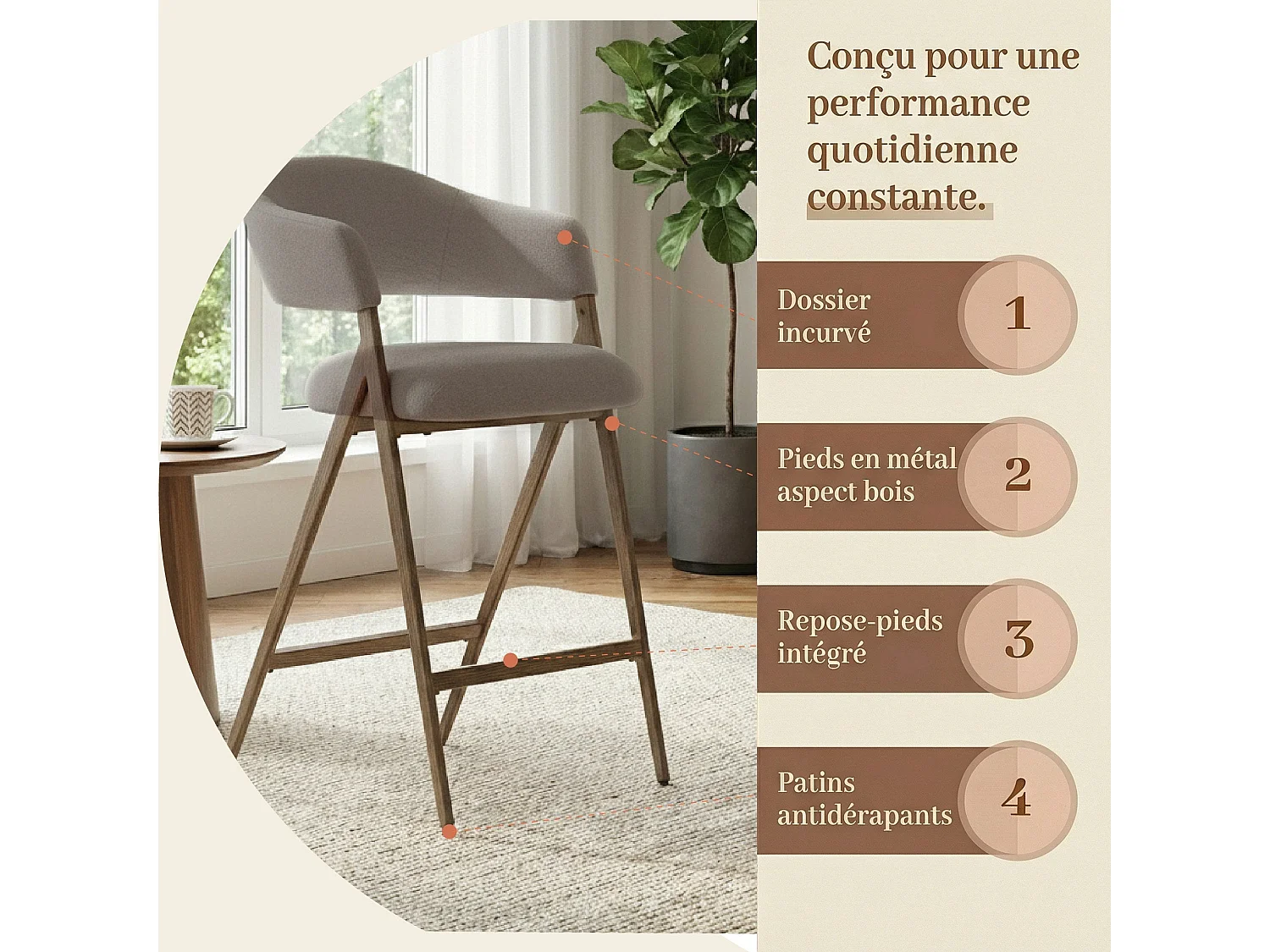 Lot de 2 tabourets de bar en tissu, respirants et robustes, pieds métalliques aspect bois, marron