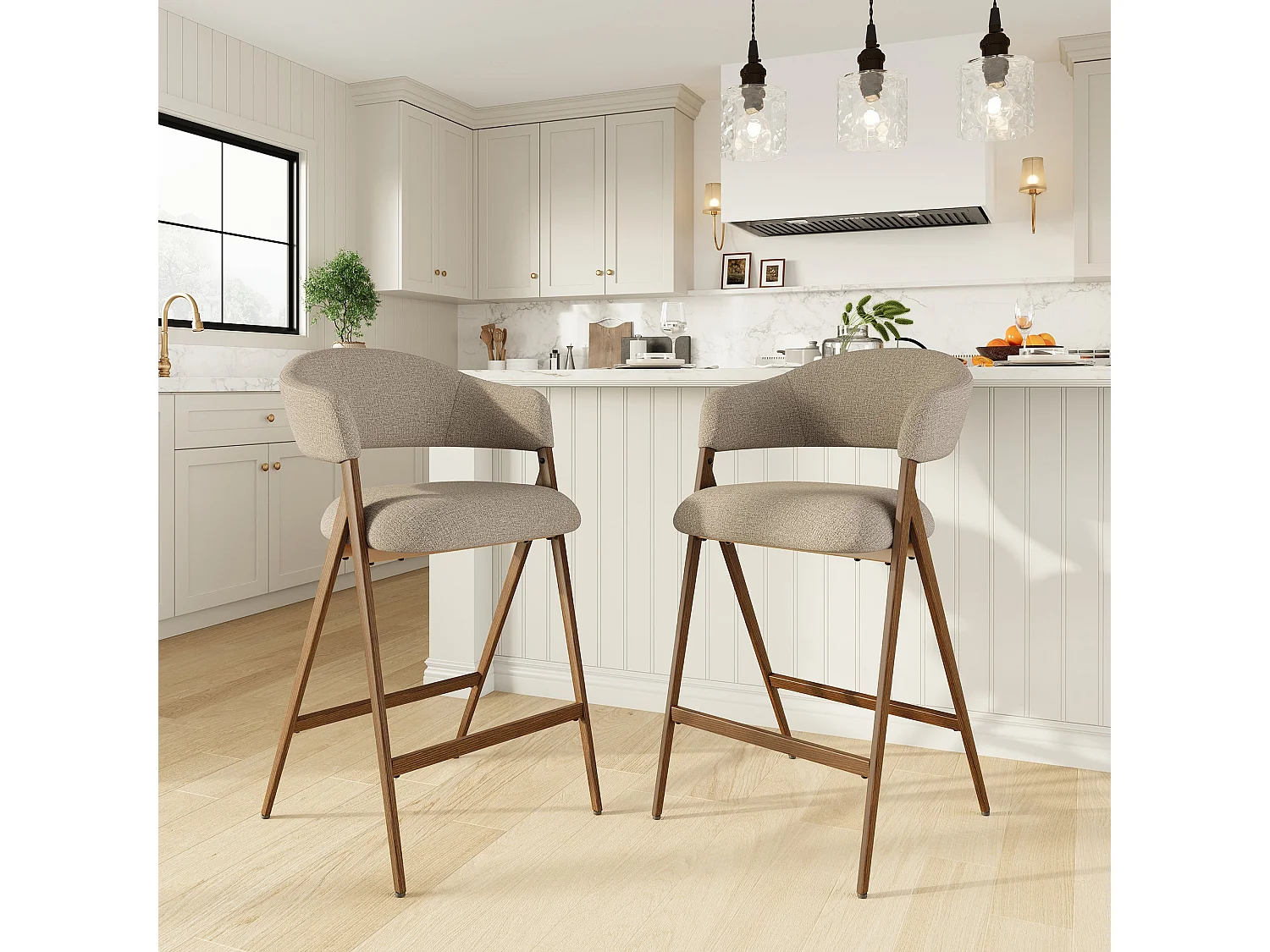 Lot de 2 tabourets de bar en tissu, respirants et robustes, pieds métalliques aspect bois, marron