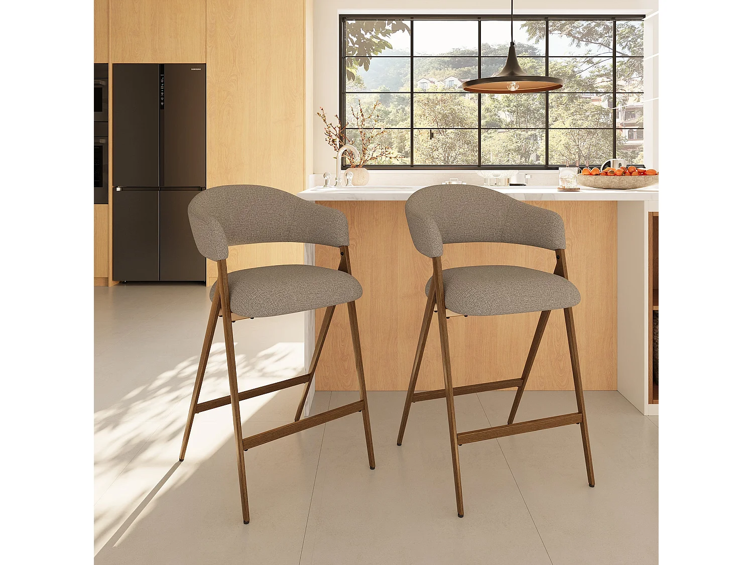 Lot de 2 tabourets de bar en tissu, respirants et robustes, pieds métalliques aspect bois, marron