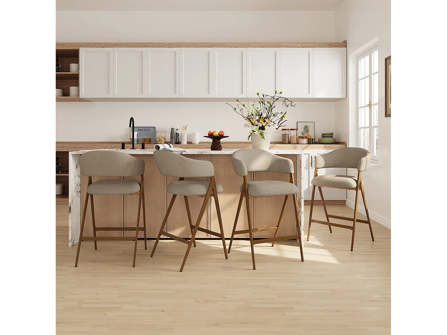 Lot de 2 tabourets de bar en tissu, respirants et robustes, pieds métalliques aspect bois, marron