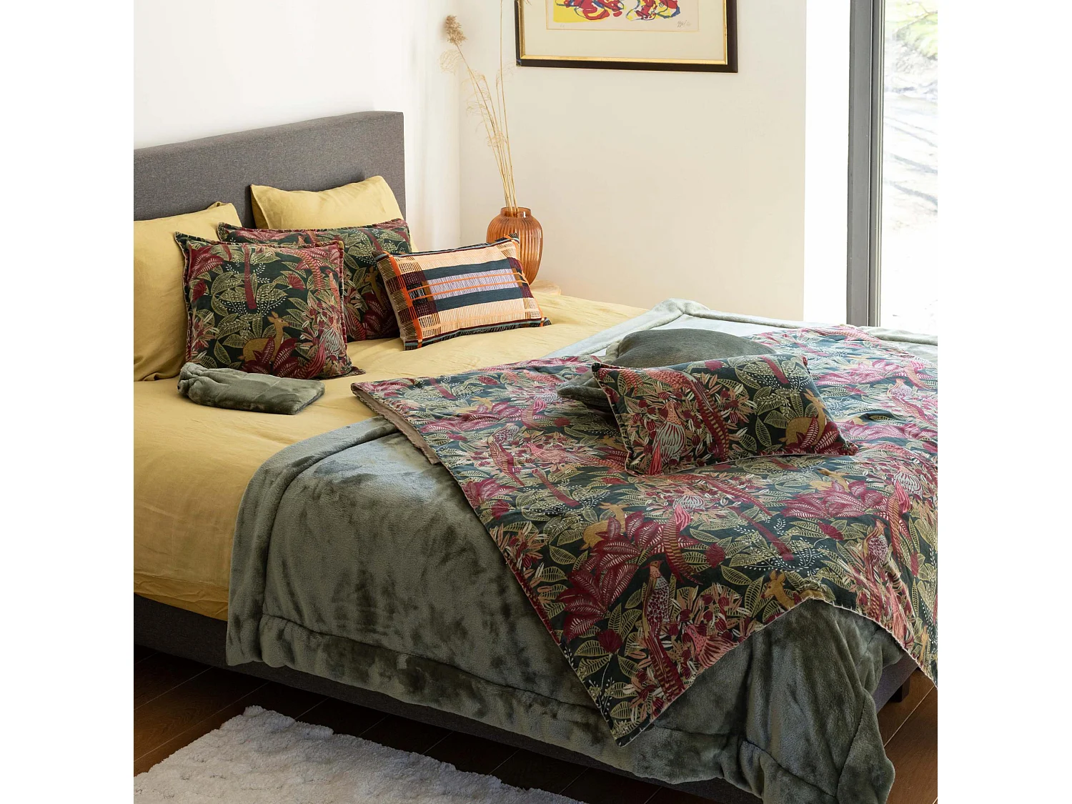 Plaid decorativo Ewan - Motivi vegetali e animali, 135 x 200 cm, Cotone velluto e poliestere
