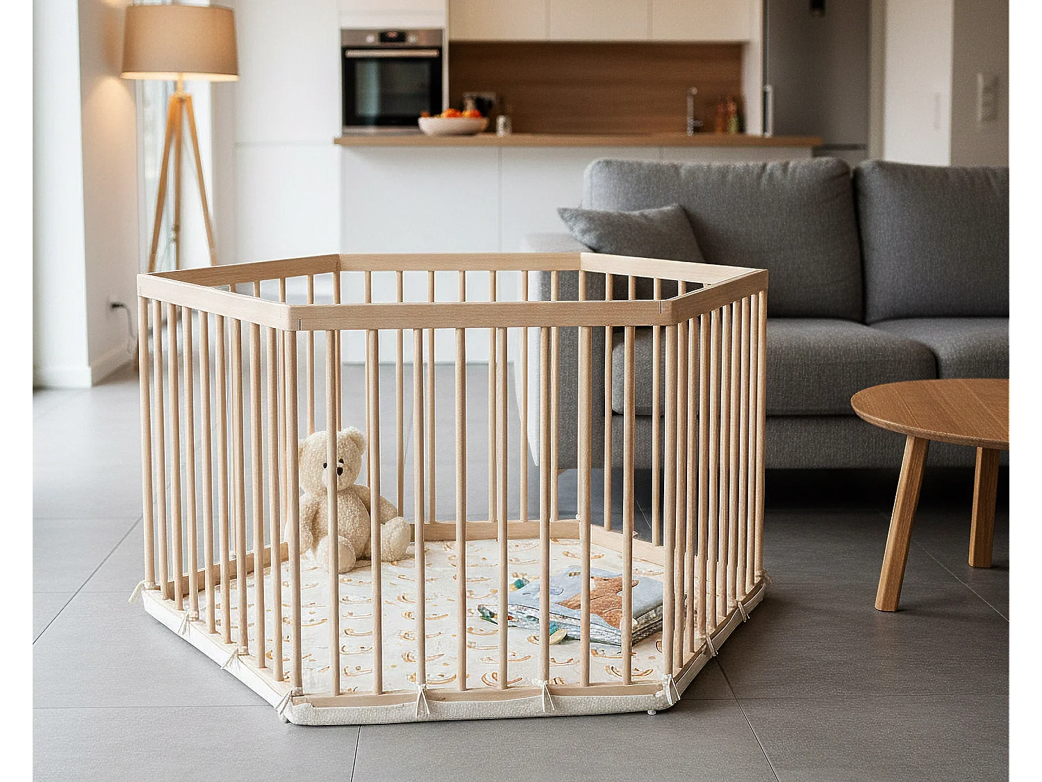 WEBABY - Parc bébé hexagonal en bois ALVEO - 125 x 109 x 65 cm