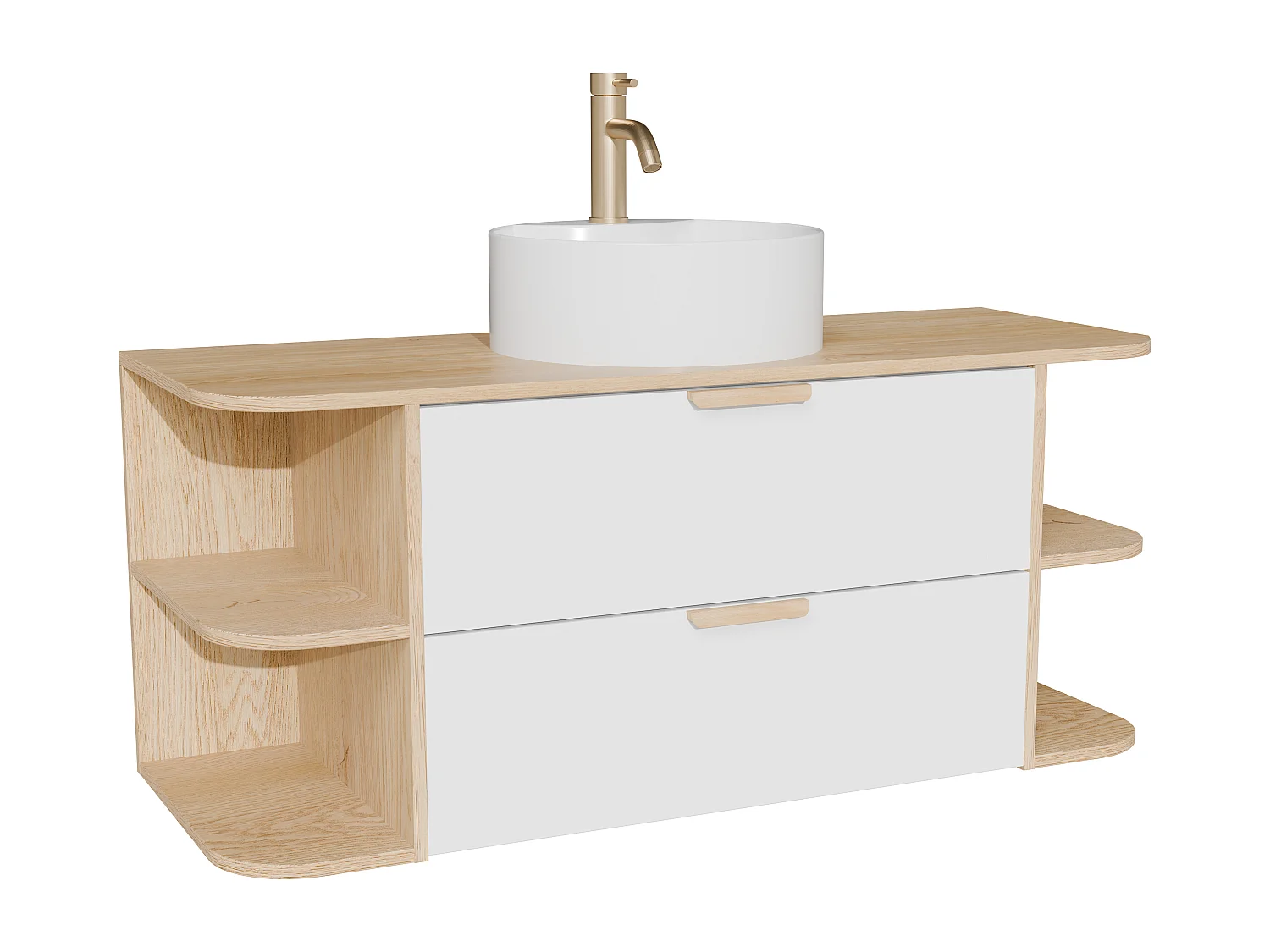Meuble de salle de bain suspendu avec niches, vasque à poser ronde et robinet – Blanc et naturel clair – L120 cm – AVORELI