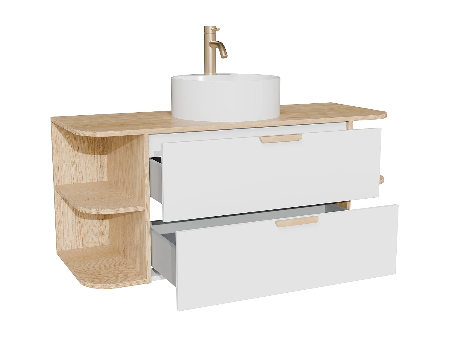 Meuble de salle de bain suspendu avec niches, vasque à poser ronde et robinet – Blanc et naturel clair – L120 cm – AVORELI