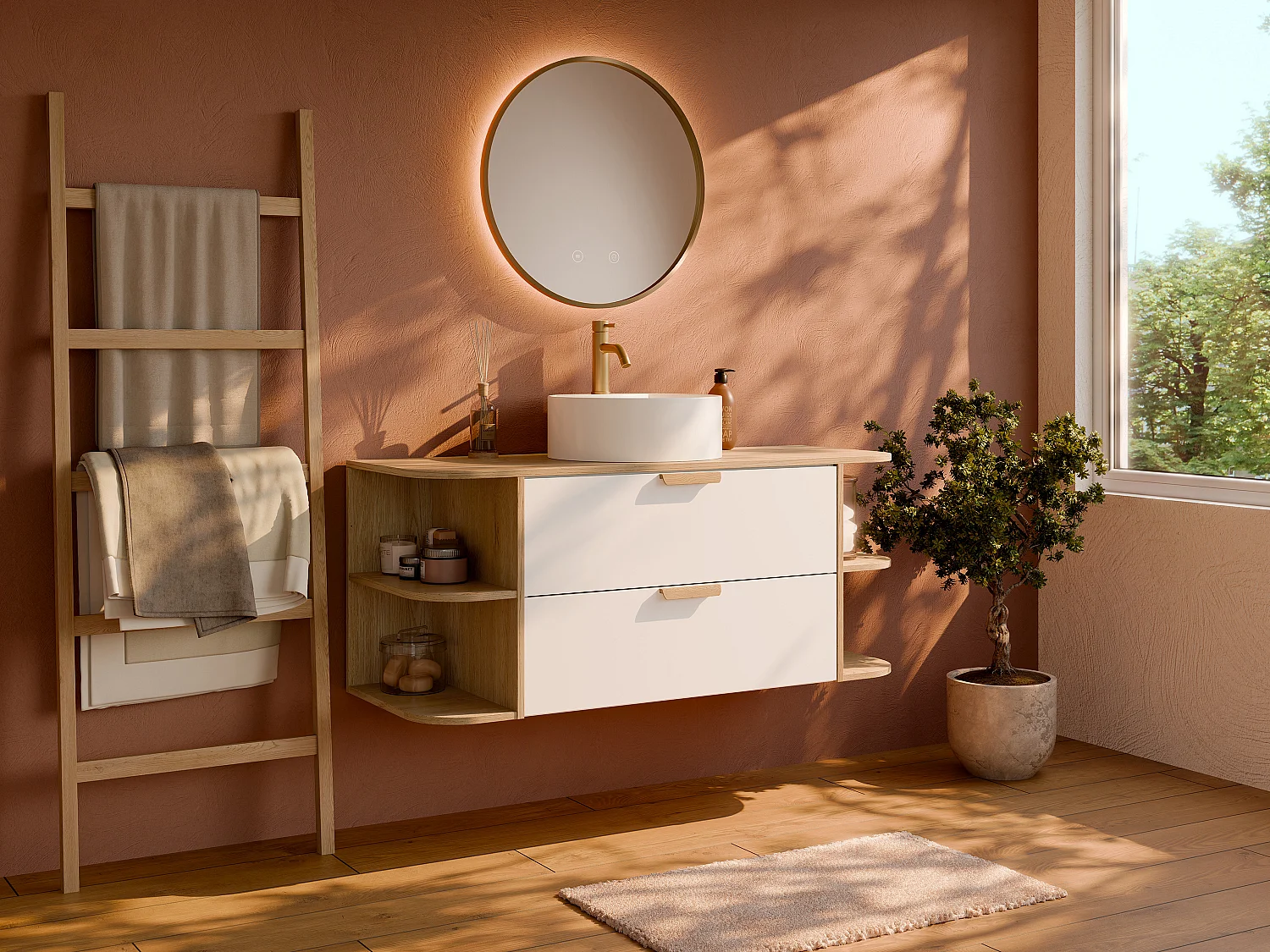 Meuble de salle de bain suspendu avec niches et vasque à poser ronde – Blanc et naturel clair – L120 cm – AVORELI