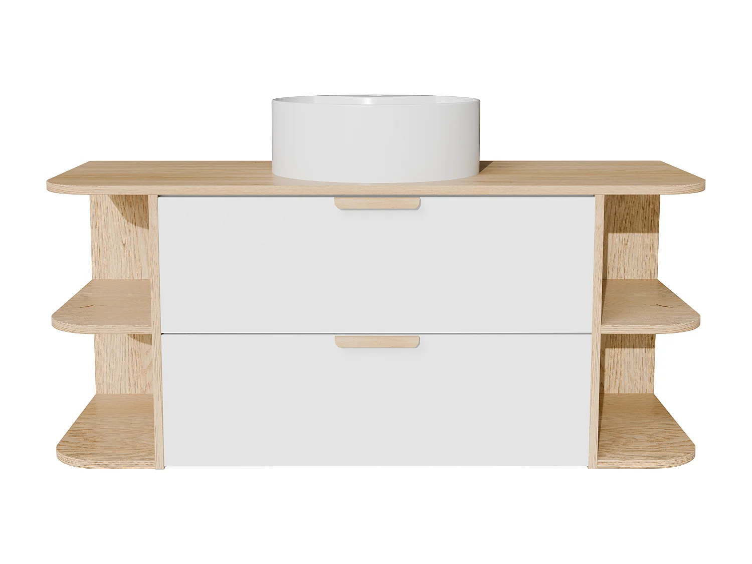Meuble de salle de bain suspendu avec niches et vasque à poser ronde – Blanc et naturel clair – L120 cm – AVORELI