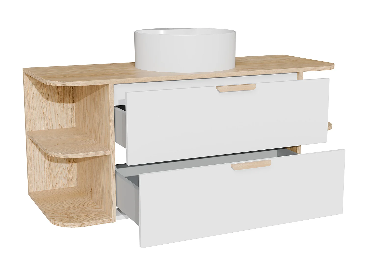 Meuble de salle de bain suspendu avec niches et vasque à poser ronde – Blanc et naturel clair – L120 cm – AVORELI