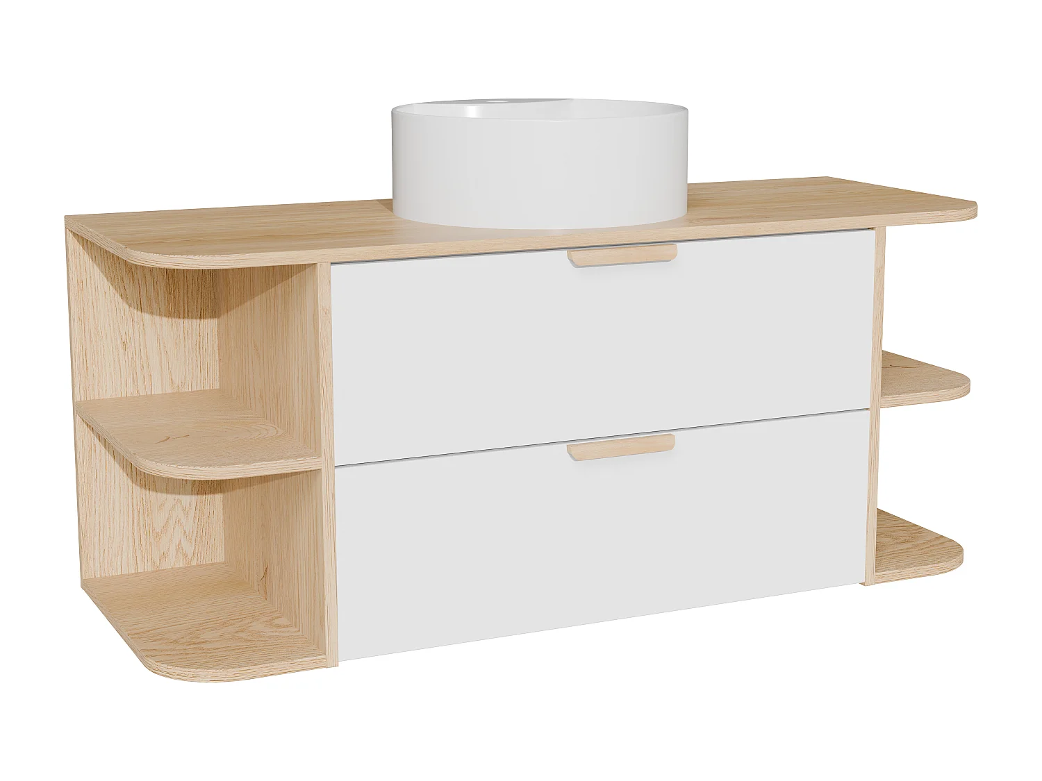 Meuble de salle de bain suspendu avec niches et vasque à poser ronde – Blanc et naturel clair – L120 cm – AVORELI