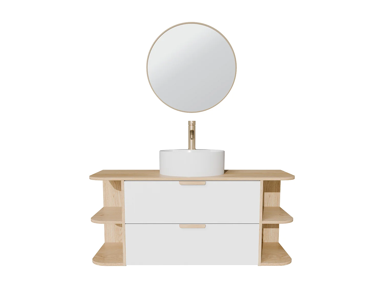 Meuble de salle de bain suspendu avec niches, vasque à poser ronde, robinet et miroir – Blanc et naturel clair – L120 cm – AVORELI