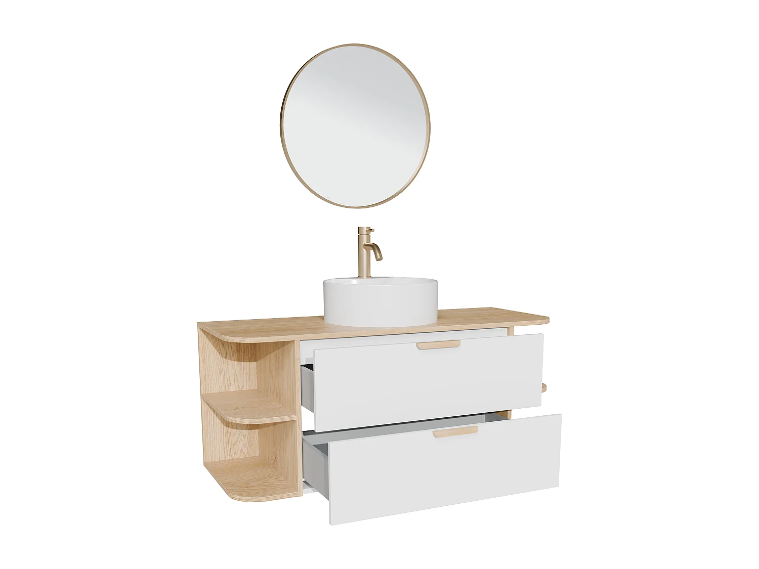 Meuble de salle de bain suspendu avec niches, vasque à poser ronde, robinet et miroir – Blanc et naturel clair – L120 cm – AVORELI