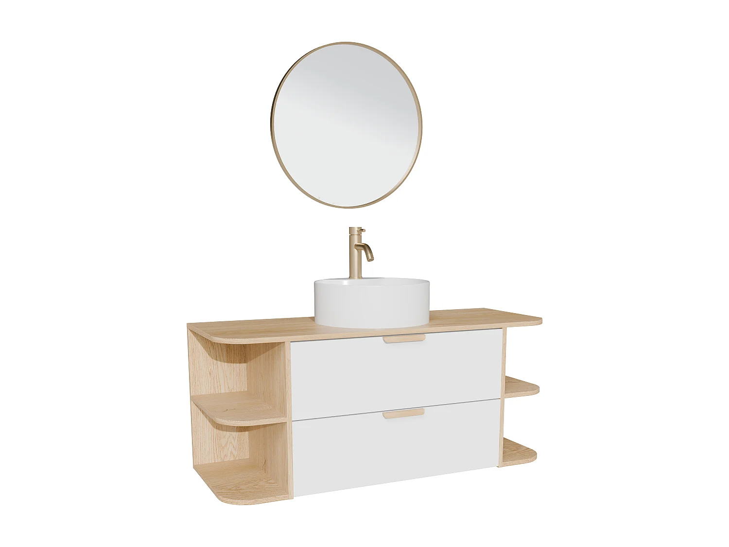Meuble de salle de bain suspendu avec niches, vasque à poser ronde, robinet et miroir – Blanc et naturel clair – L120 cm – AVORELI