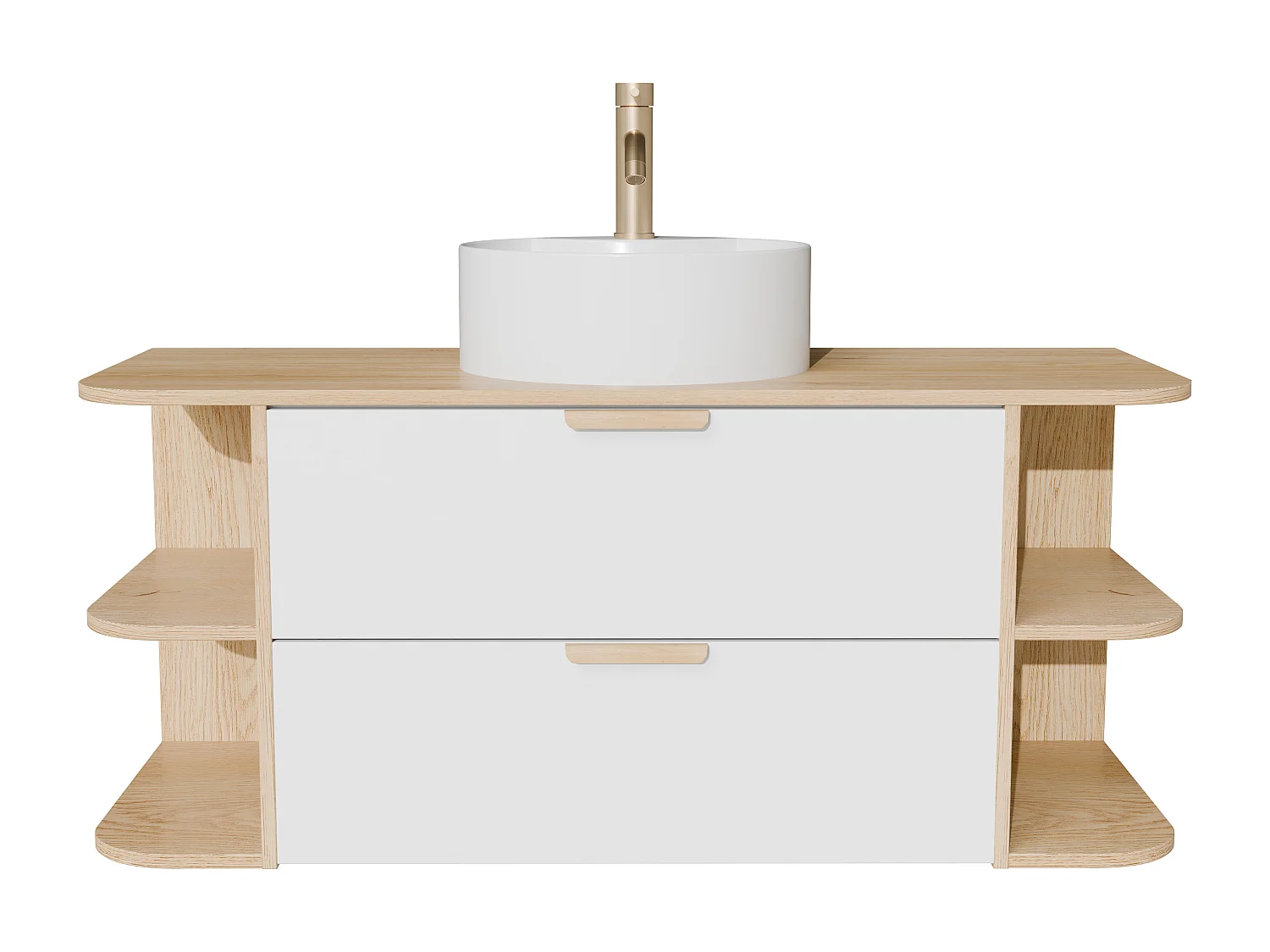 Meuble de salle de bain suspendu avec niches, vasque à poser ronde, robinet et miroir – Blanc et naturel clair – L120 cm – AVORELI