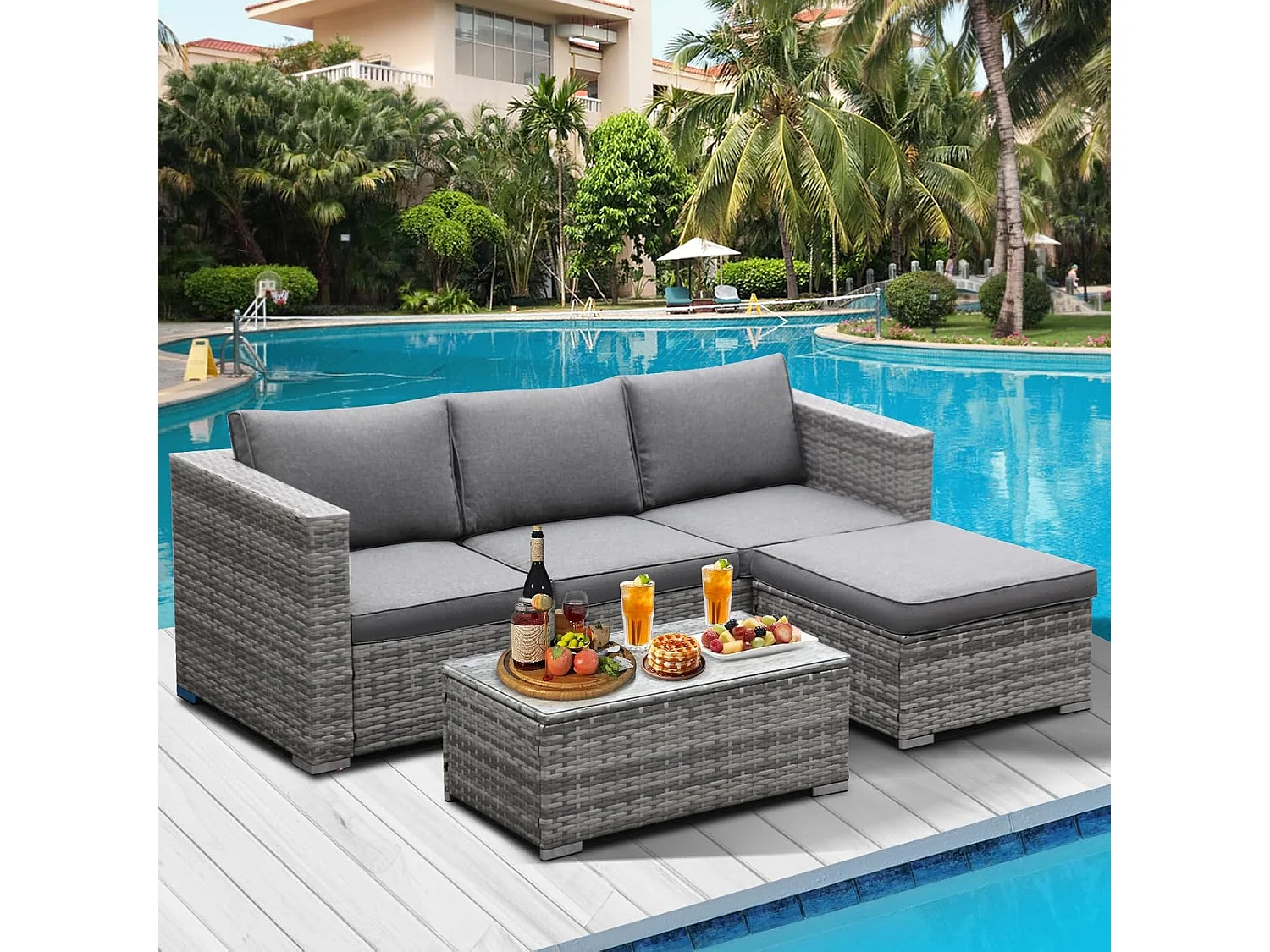 3-Piece Rattan Garden Corner Sofa Set with Coffee Table & Washable Cushions