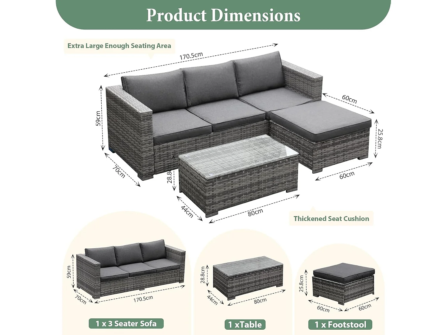 3-Piece Rattan Garden Corner Sofa Set with Coffee Table & Washable Cushions