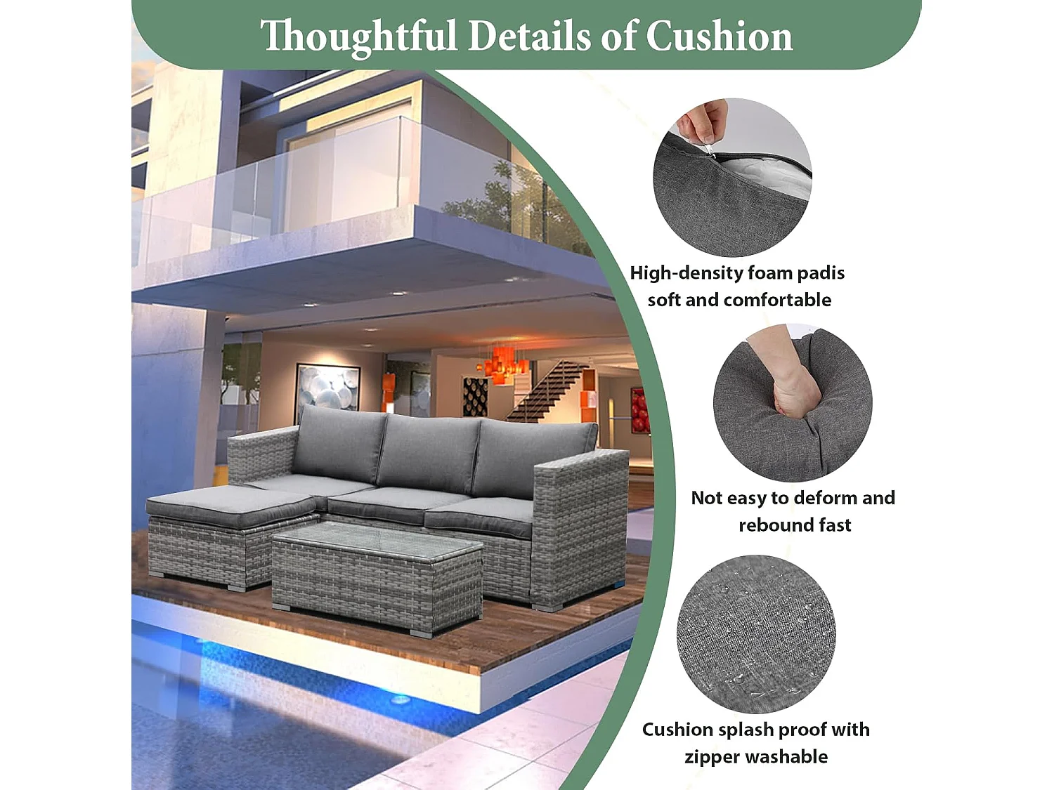 3-Piece Rattan Garden Corner Sofa Set with Coffee Table & Washable Cushions