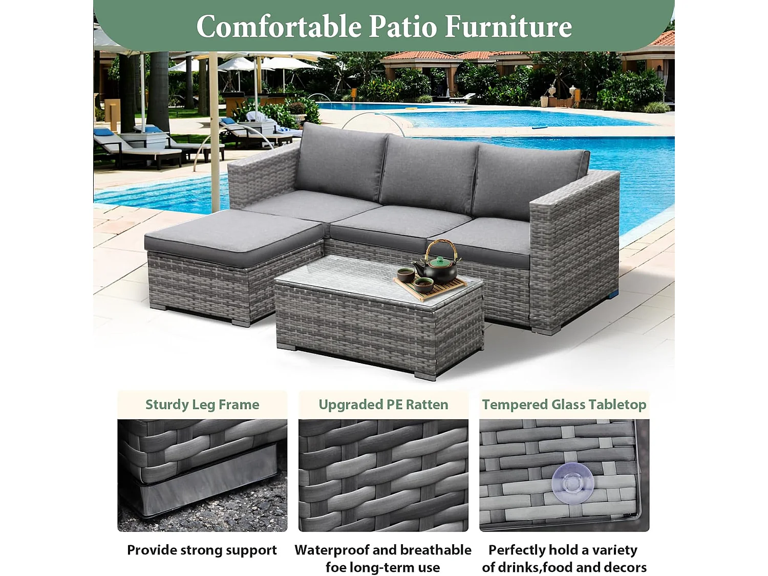 3-Piece Rattan Garden Corner Sofa Set with Coffee Table & Washable Cushions