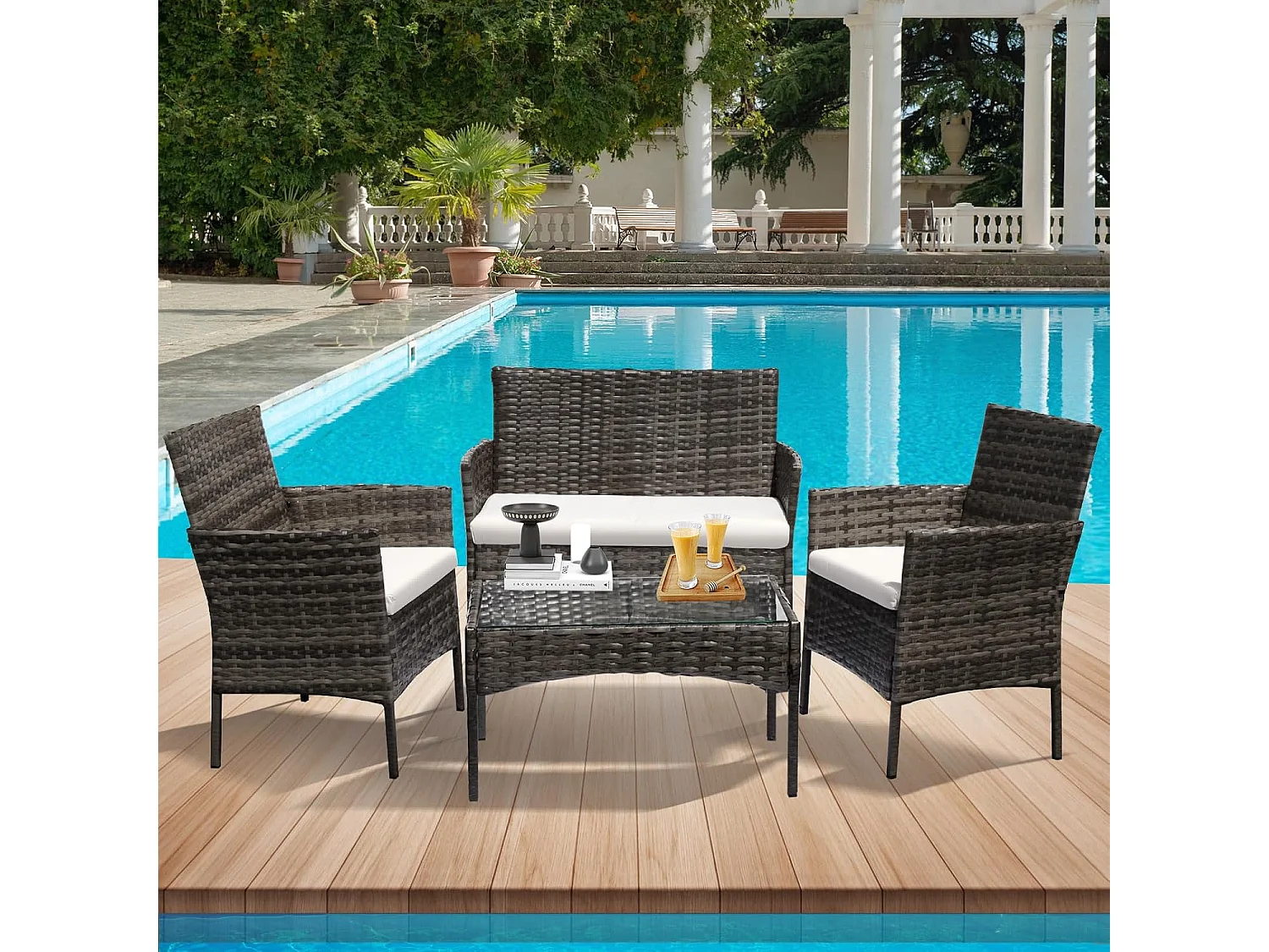 Grey 4 Seater Rattan Dining Set with Soft Cushions
