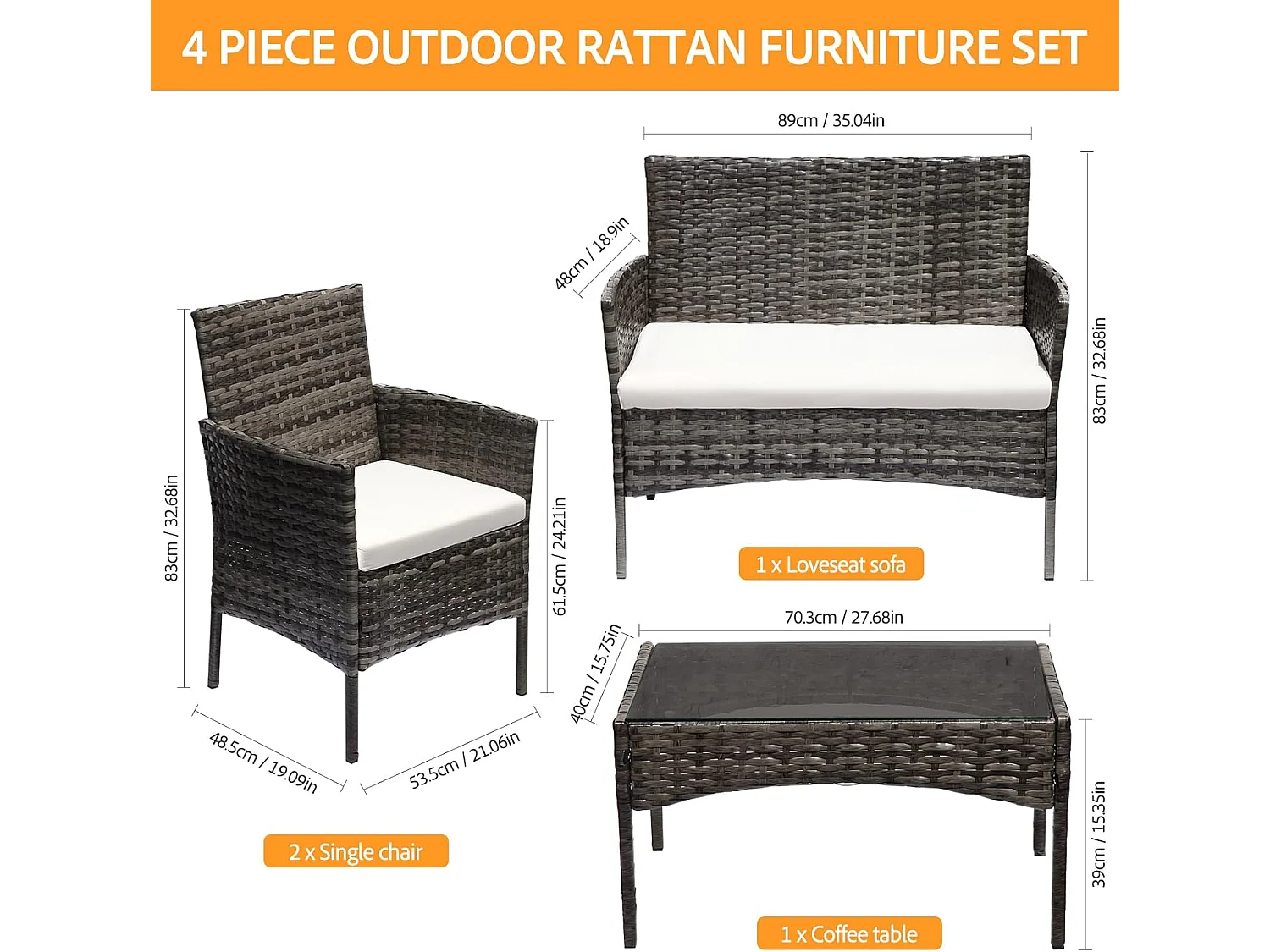 Grey 4 Seater Rattan Dining Set with Soft Cushions