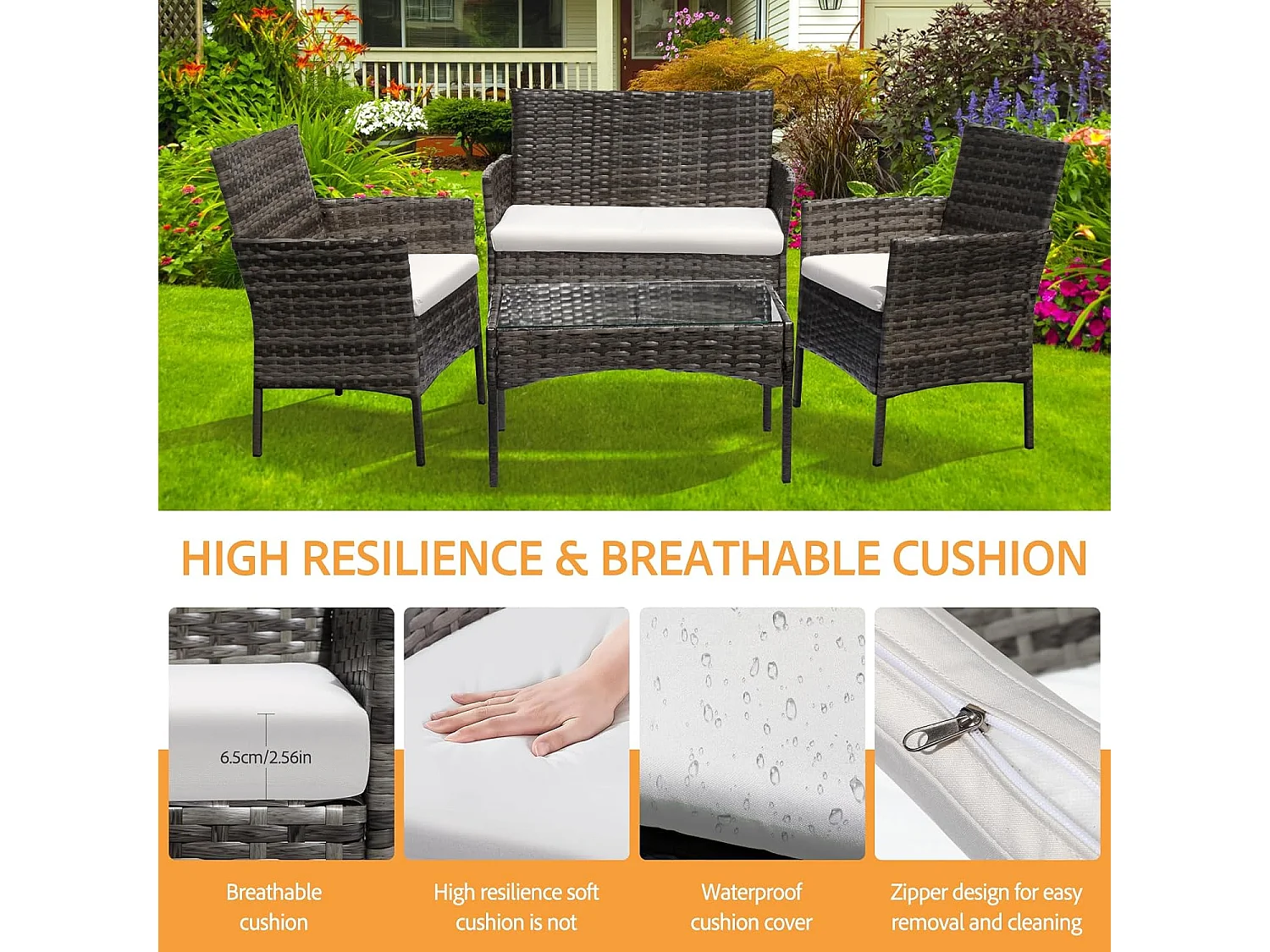 Grey 4 Seater Rattan Dining Set with Soft Cushions