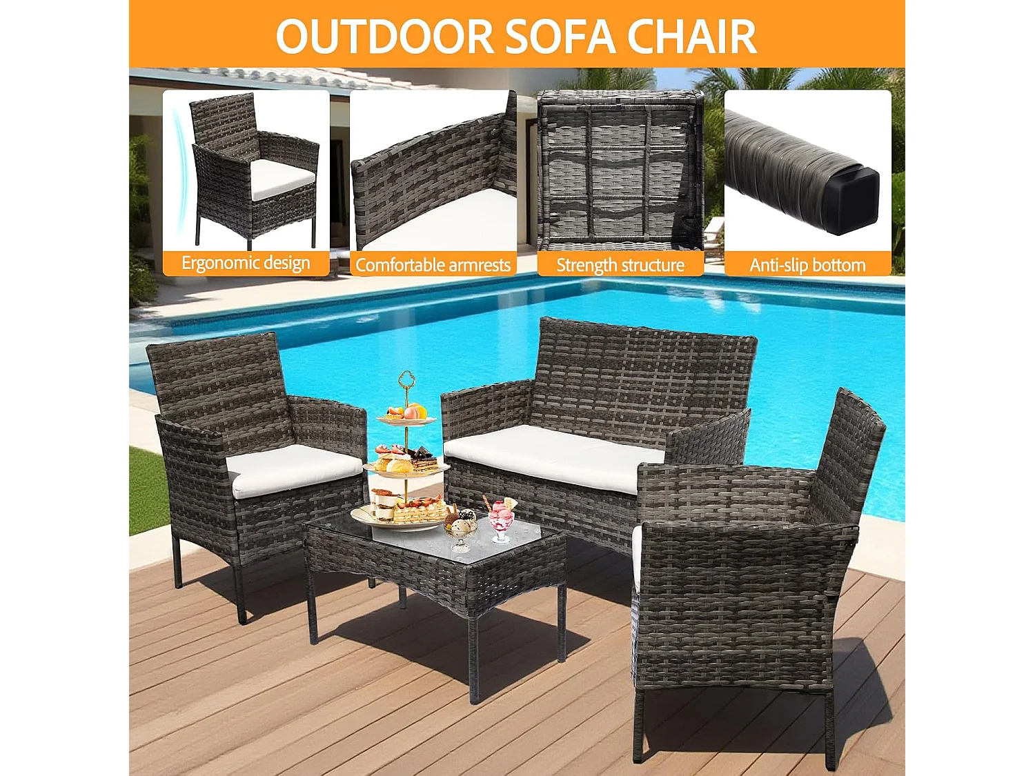 Grey 4 Seater Rattan Dining Set with Soft Cushions