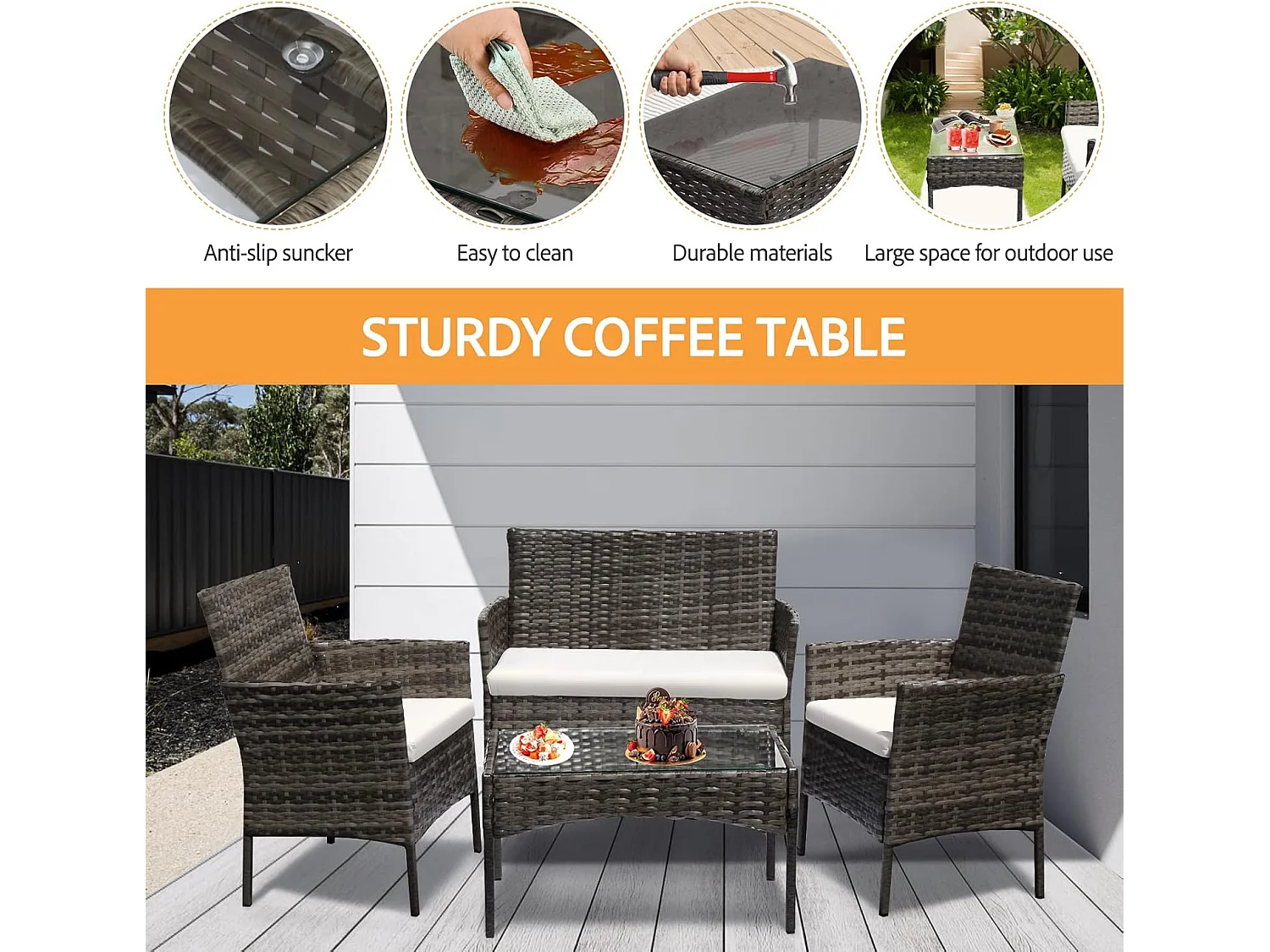 Grey 4 Seater Rattan Dining Set with Soft Cushions