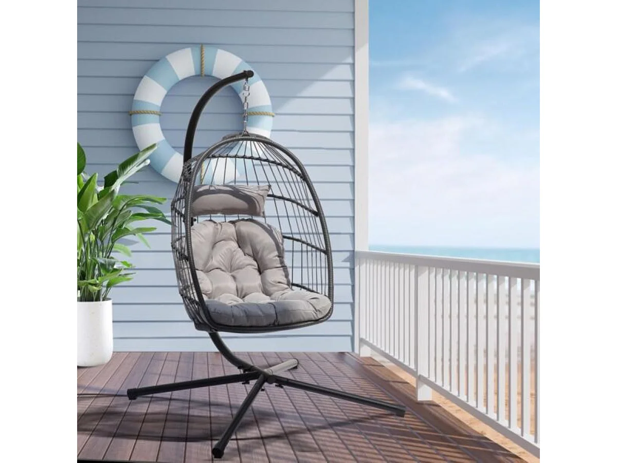 Rattan Foldable Hanging Egg Chair with Cushion Stand