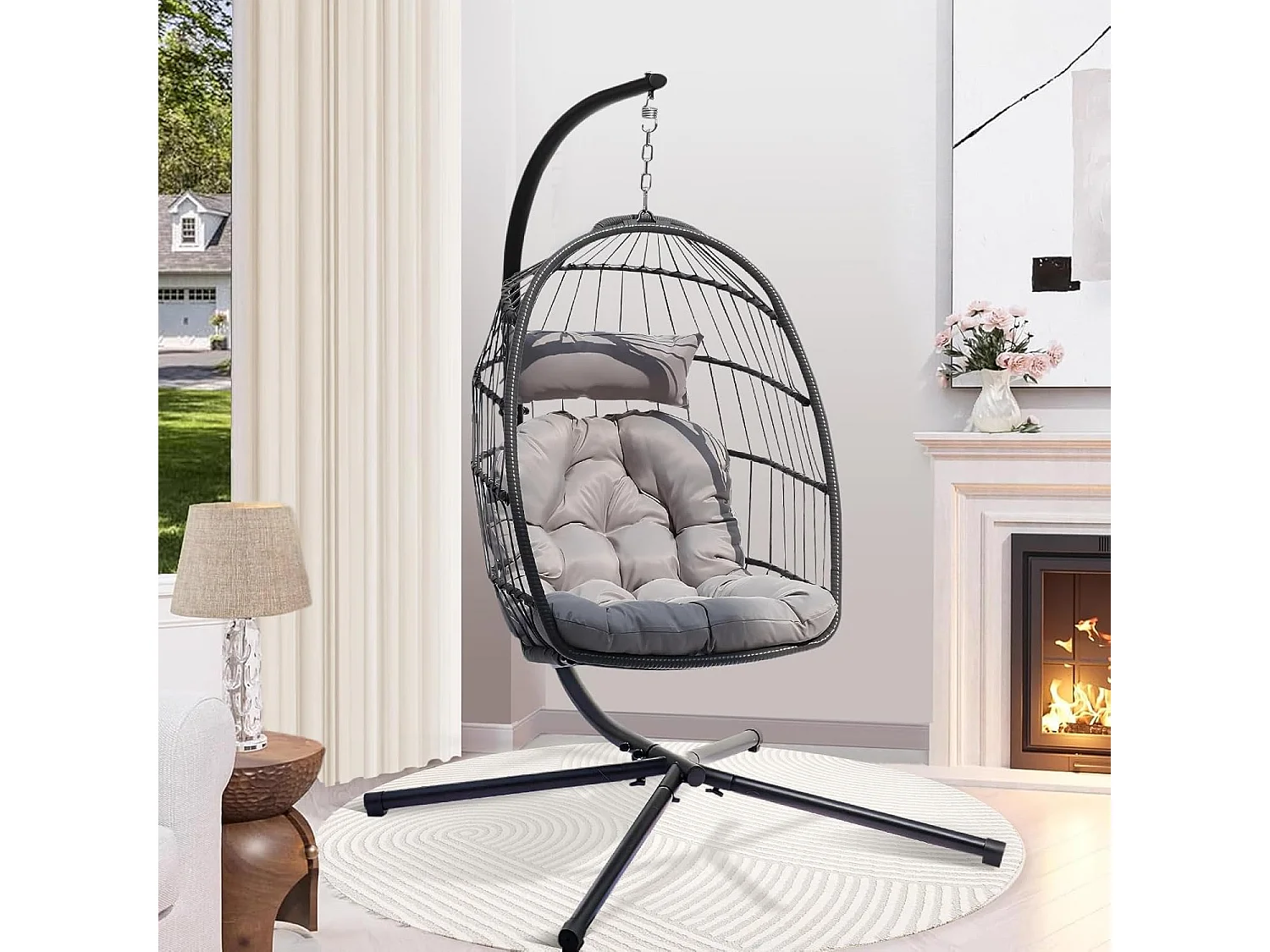 Rattan Foldable Hanging Egg Chair with Cushion Stand