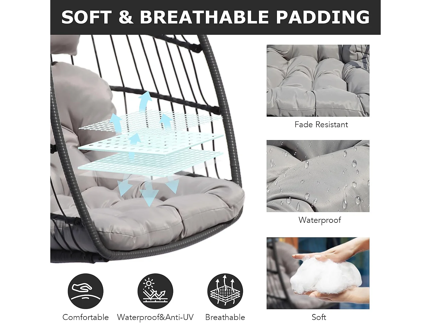 Rattan Foldable Hanging Egg Chair with Cushion Stand