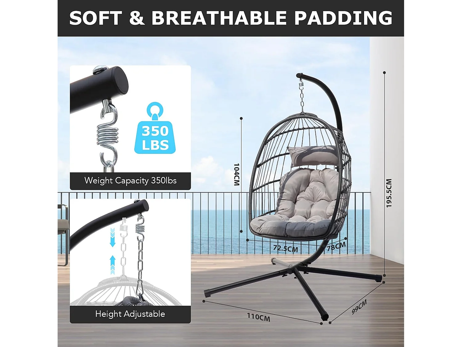Rattan Foldable Hanging Egg Chair with Cushion Stand