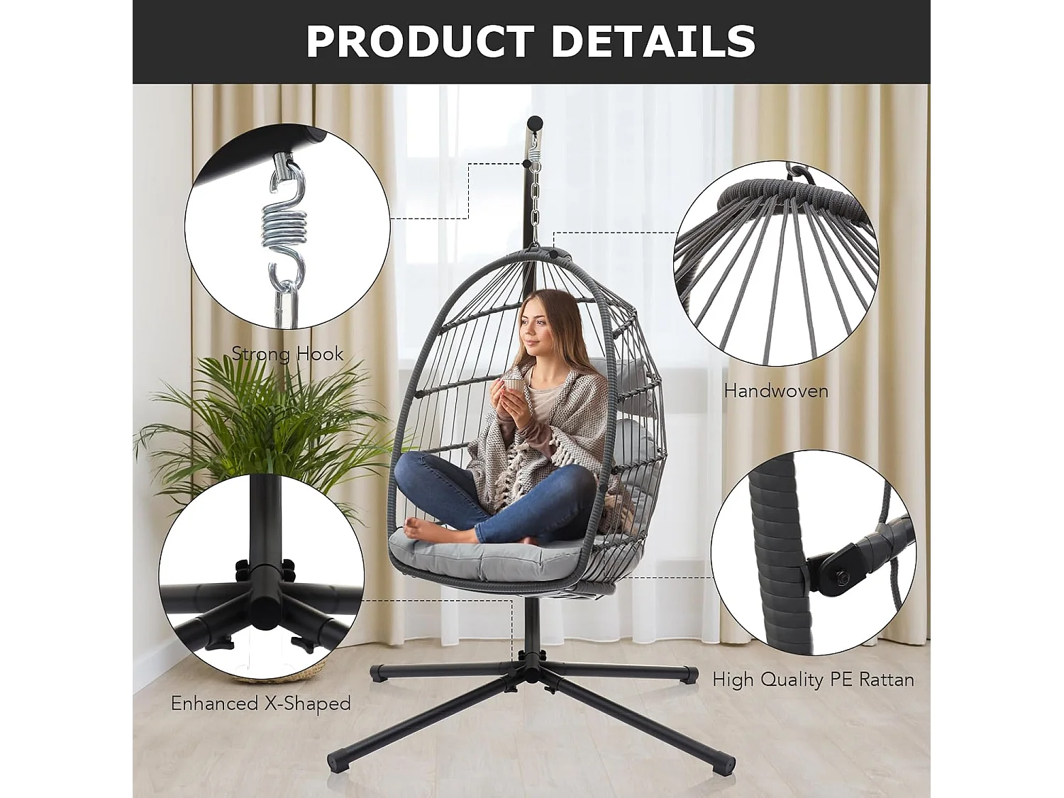 Rattan Foldable Hanging Egg Chair with Cushion Stand
