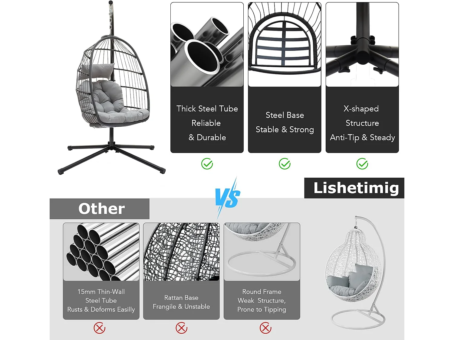 Rattan Foldable Hanging Egg Chair with Cushion Stand