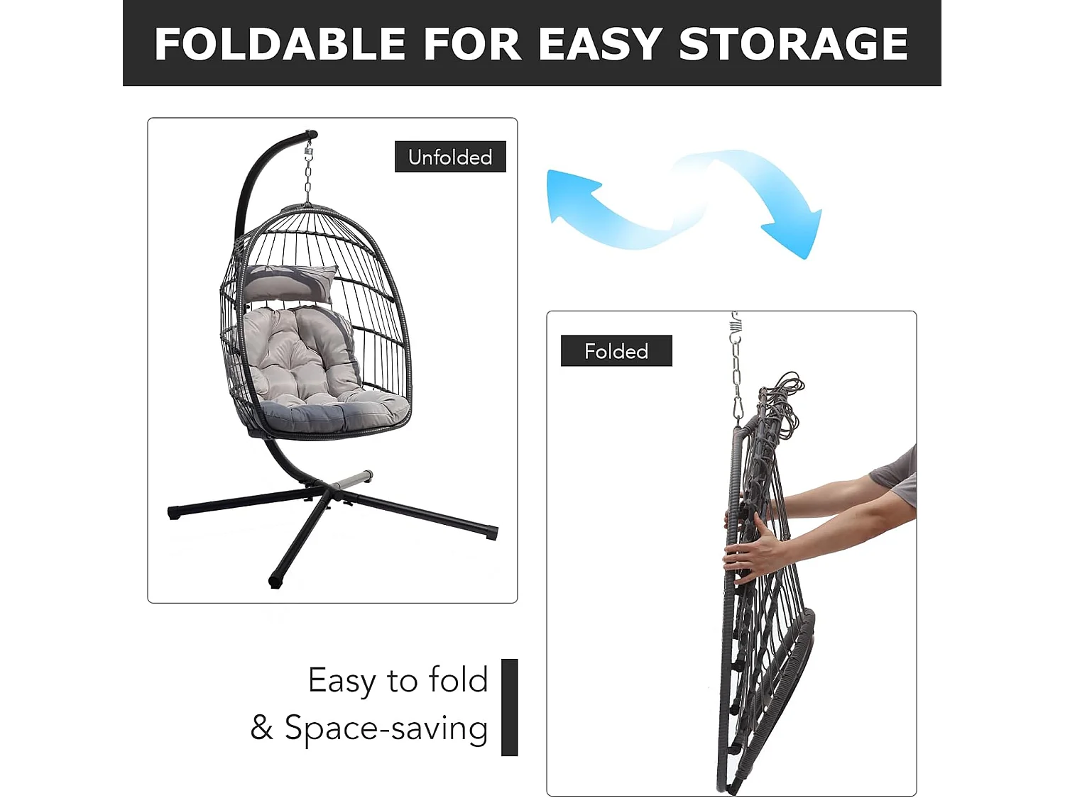 Rattan Foldable Hanging Egg Chair with Cushion Stand