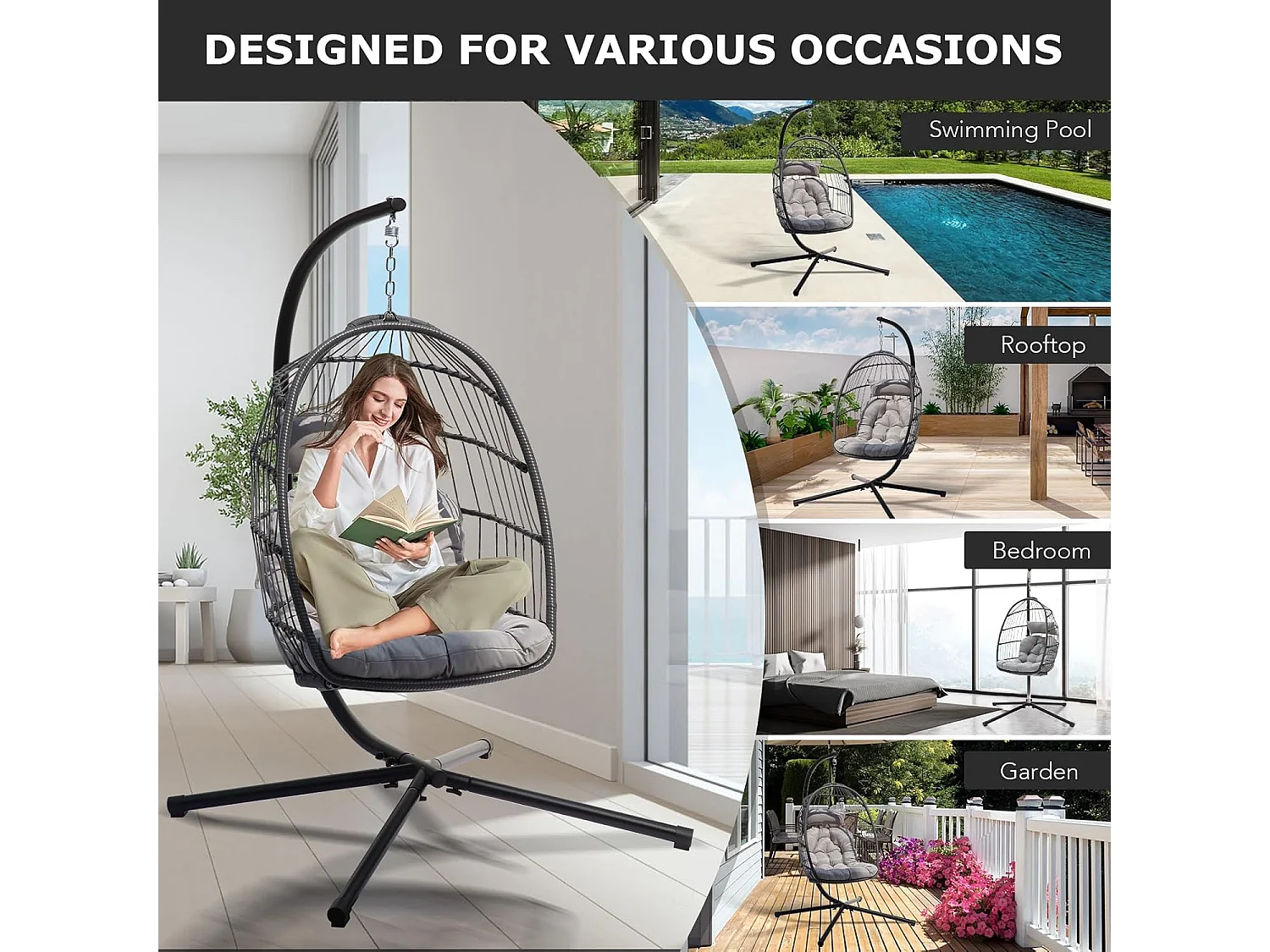 Rattan Foldable Hanging Egg Chair with Cushion Stand