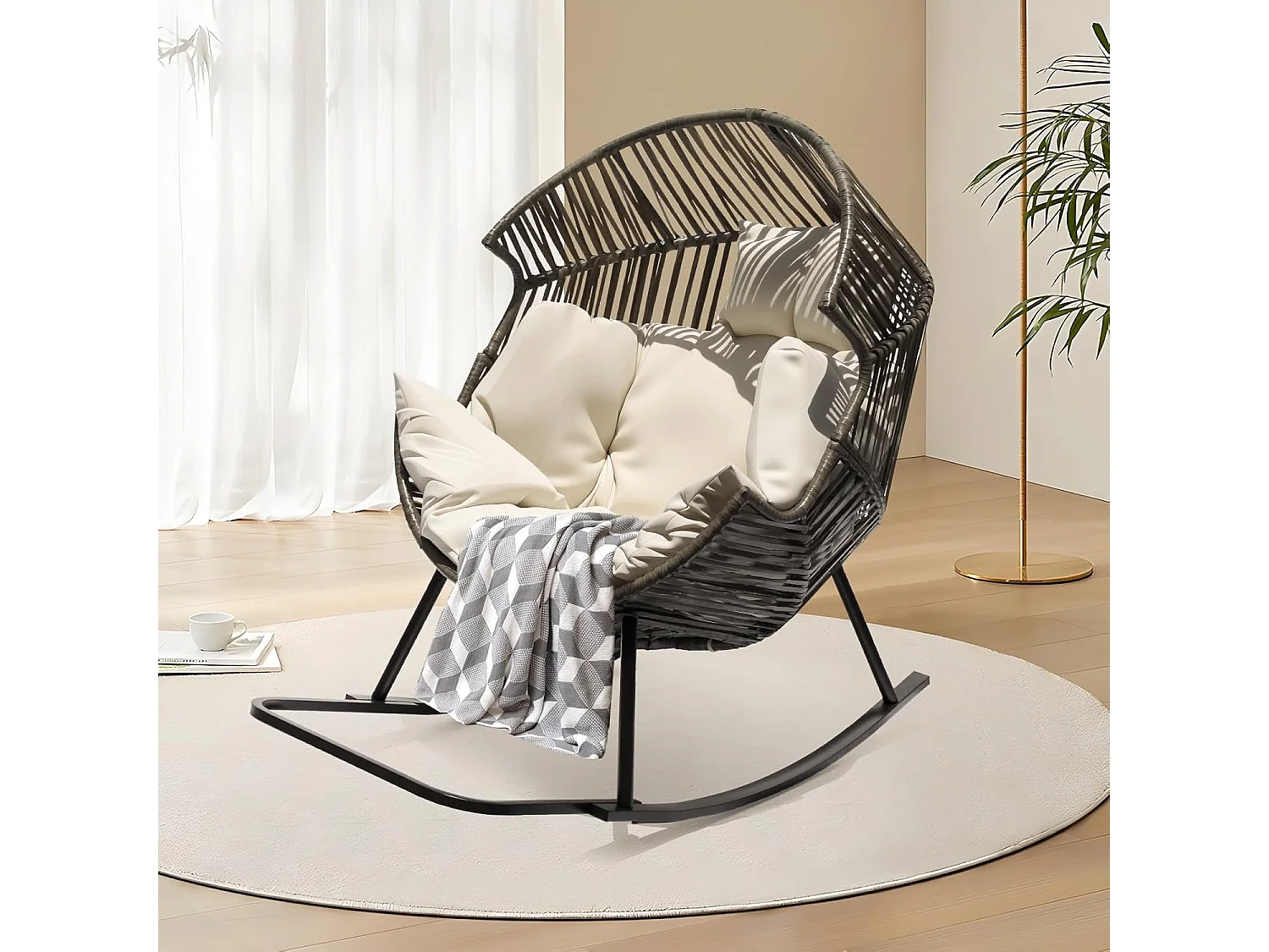 Oversized PE Rattan Rocking Chair with Thick Cushion
