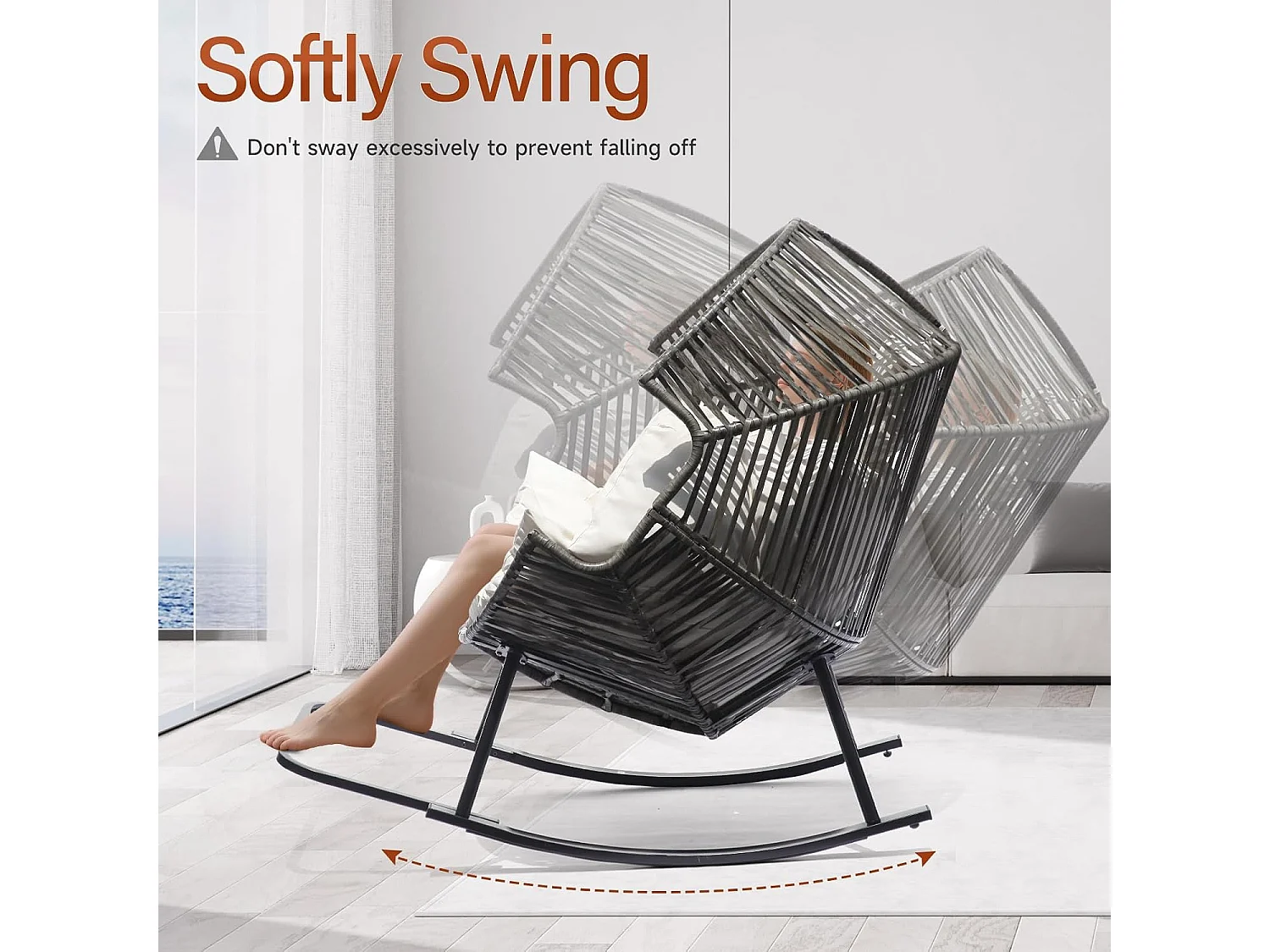 Oversized PE Rattan Rocking Chair with Thick Cushion