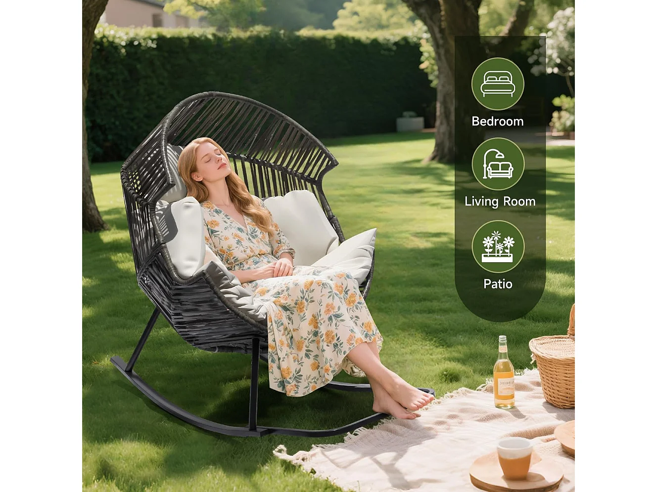 Oversized PE Rattan Rocking Chair with Thick Cushion